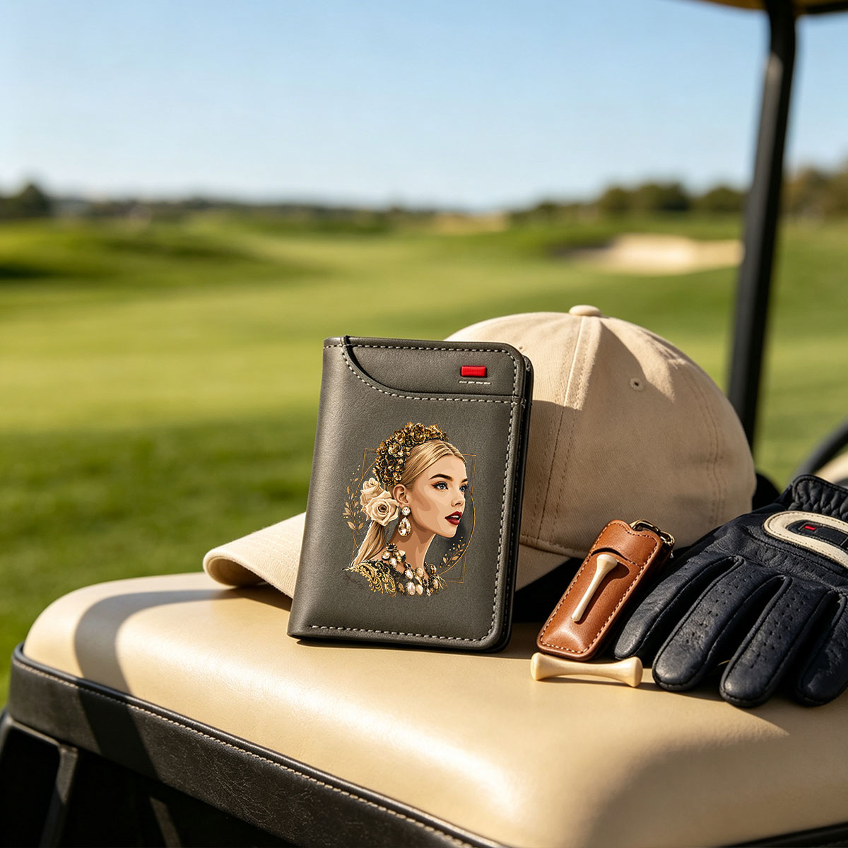 Golden Rose Queen: Elegant Portrait of a Blonde Woman with Floral Crown and Jewelry - Vertical Style Wallet