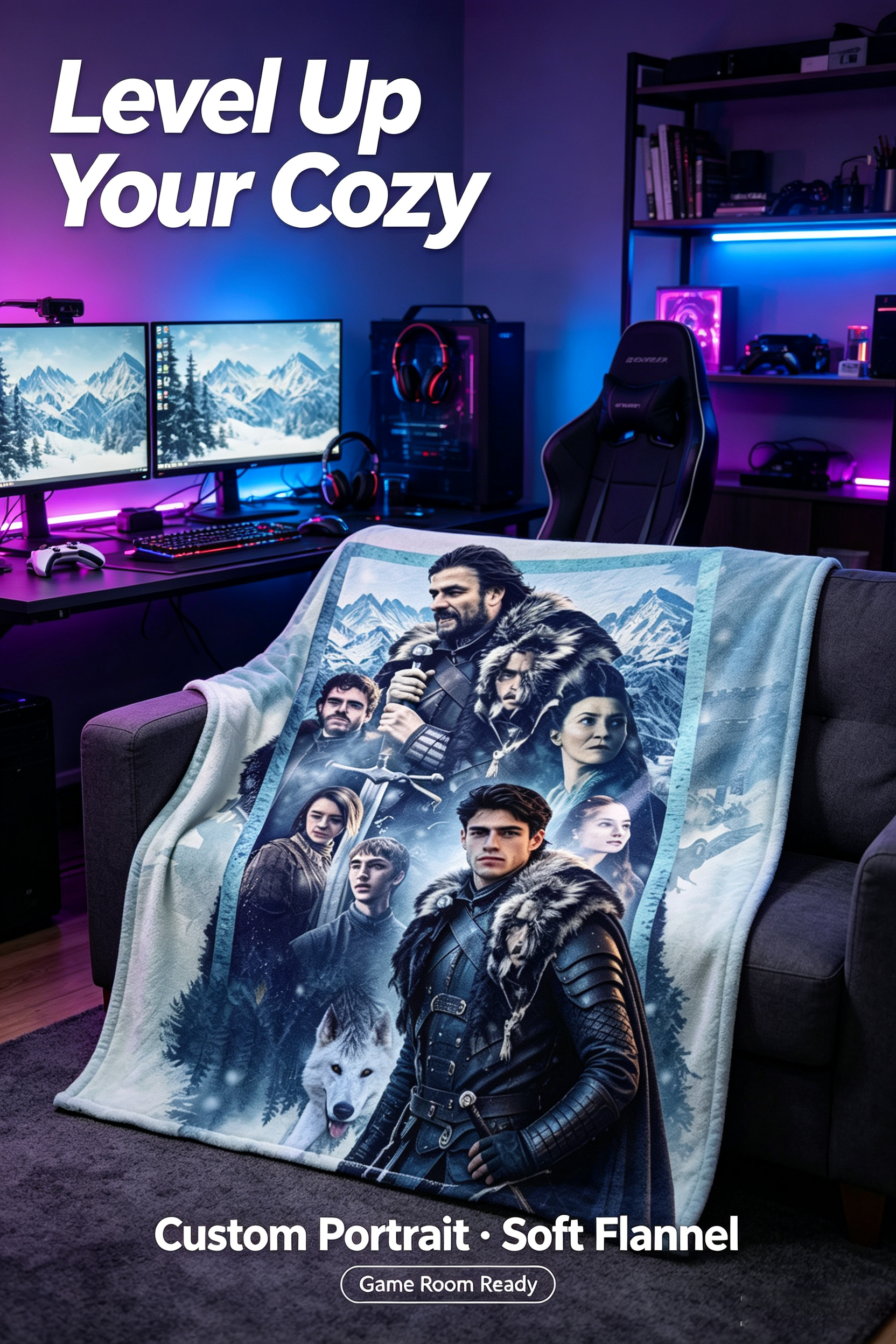 Custom Face Blanket House of Stark Flannel Blanket Winter is Coming Theme Gift for Fans and Collectors