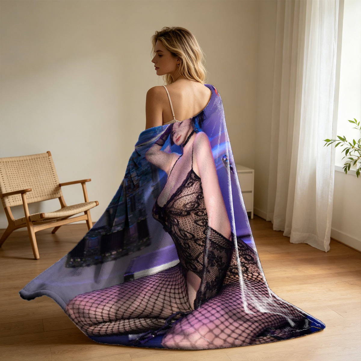 A woman in cream lingerie and white thigh-high stockings kneeling on a bed. - Blanket