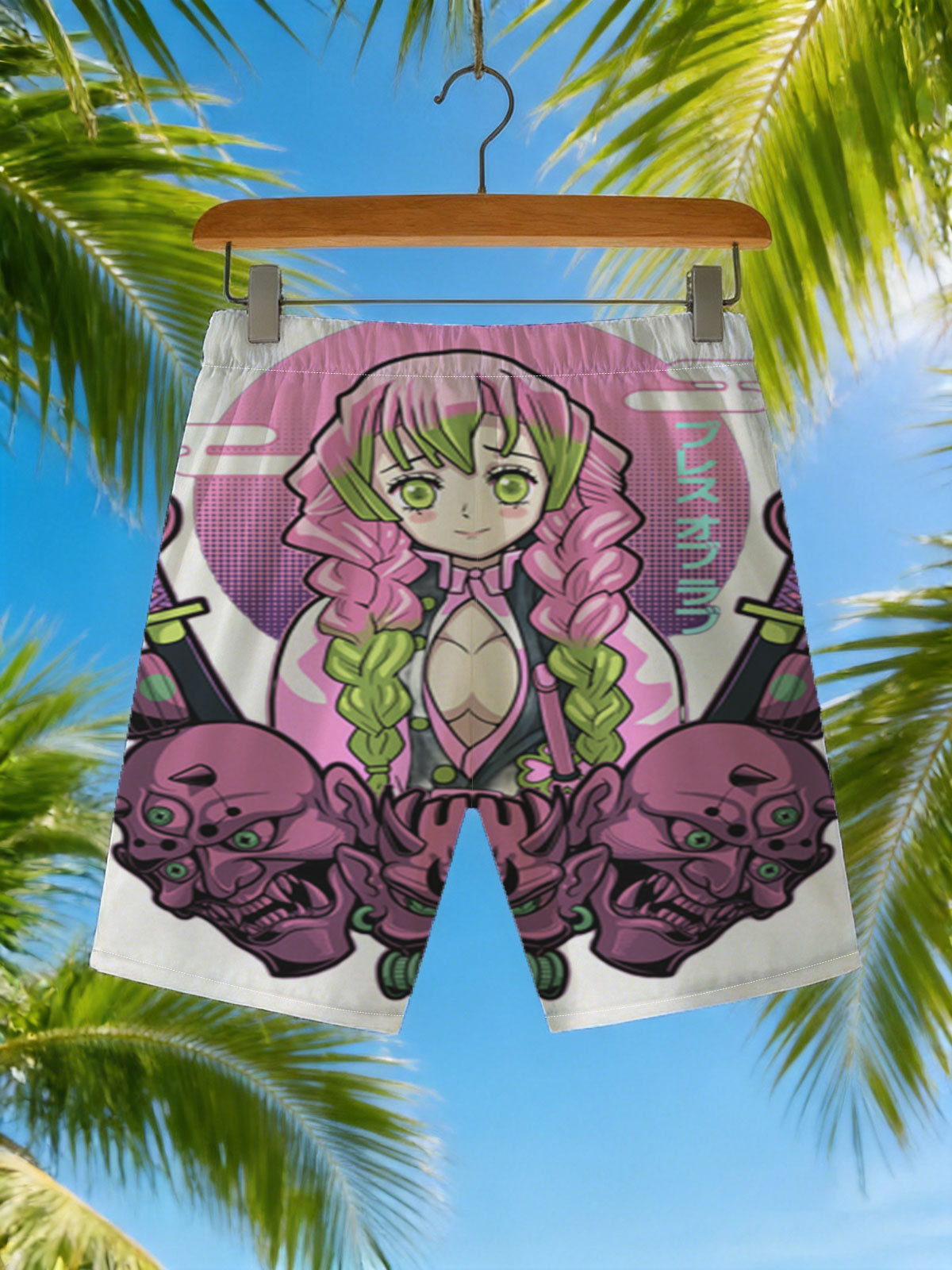 Nezuko Kamado from Demon Slayer with Pink Hair and Green Eyes, Surrounded by Skulls and Swords -  Beach shorts