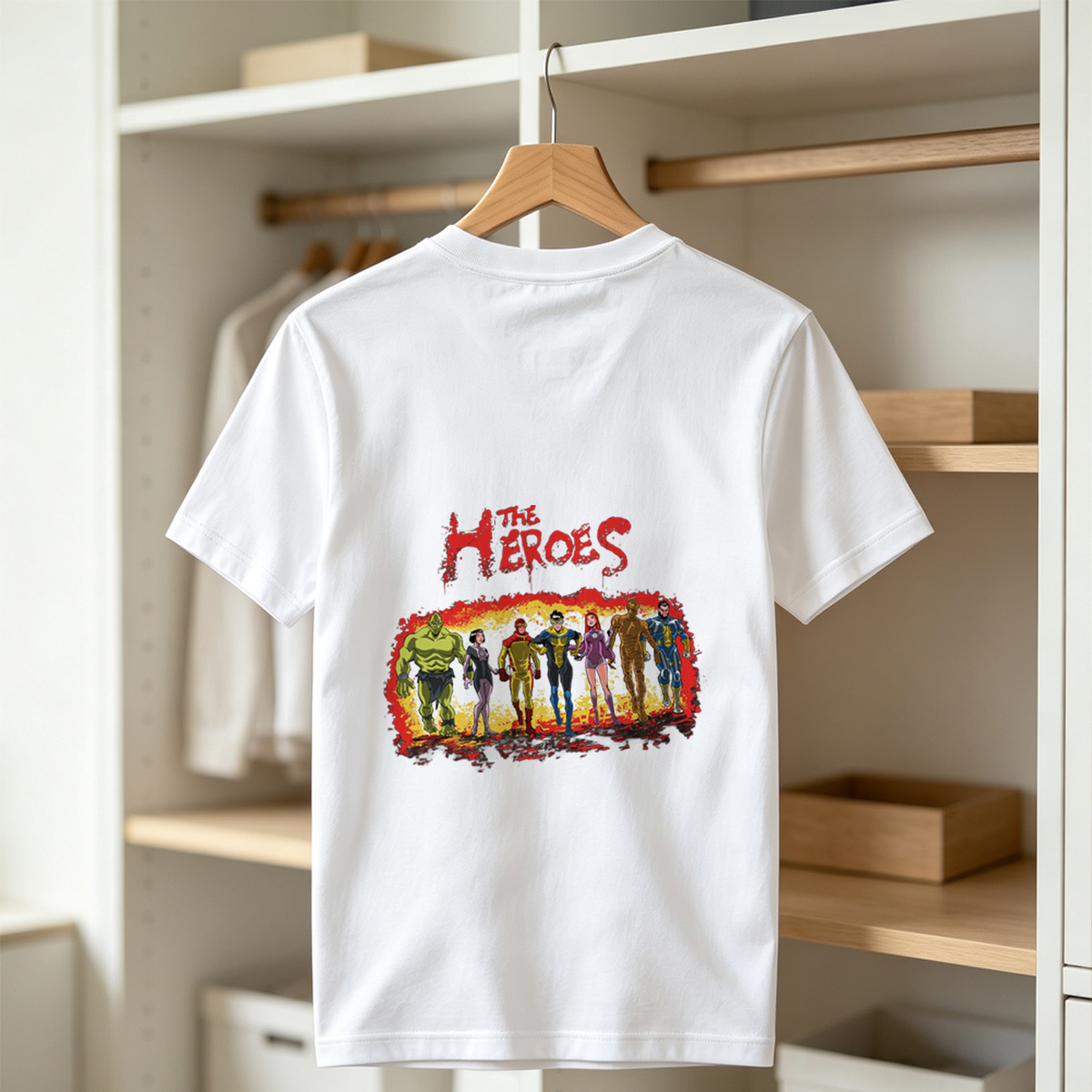 The Heroes: Green Hulk, Black Widow, Red Ranger, Blue Avenger, Pink Warrior, Golden Titan, and Blue Sentinel - Tee