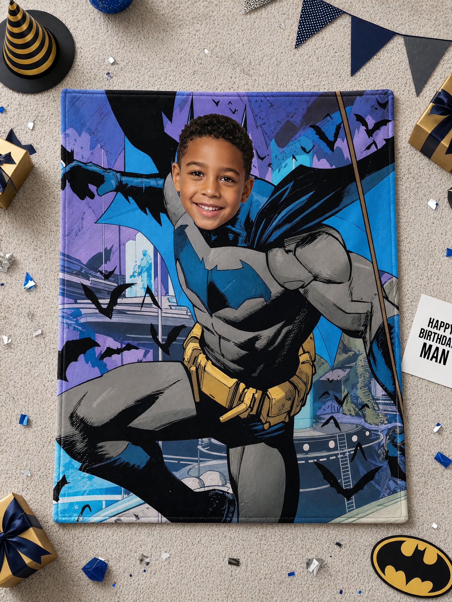 Custom Superhero Face Blanket, Personalized Photo Plush Flannel Throw for Kids, Cozy Bed Couch Travel Gift
