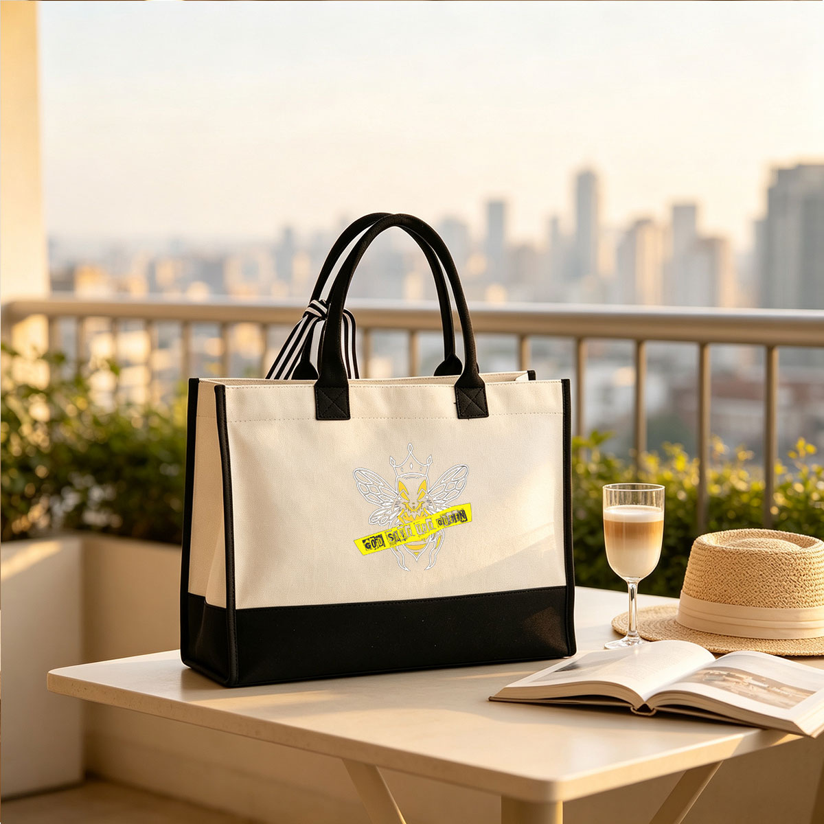 God Save the Queen: Bee with Crown and Yellow Banner - Canvas patchwork gift tote bag