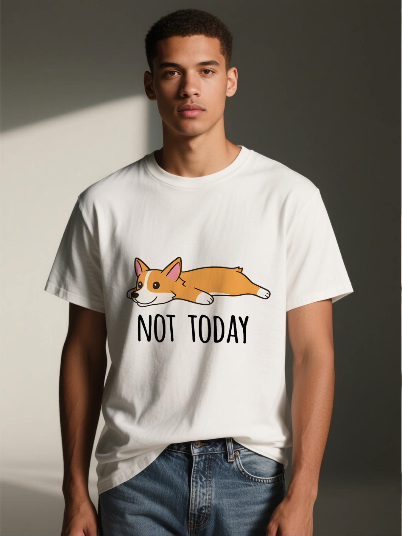 Men's Printed T-Shirt Featuring Lying Corgi Dog with 