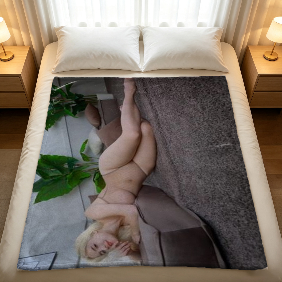 Kneeling in Black Bikini on Wooden Floor - Blanket