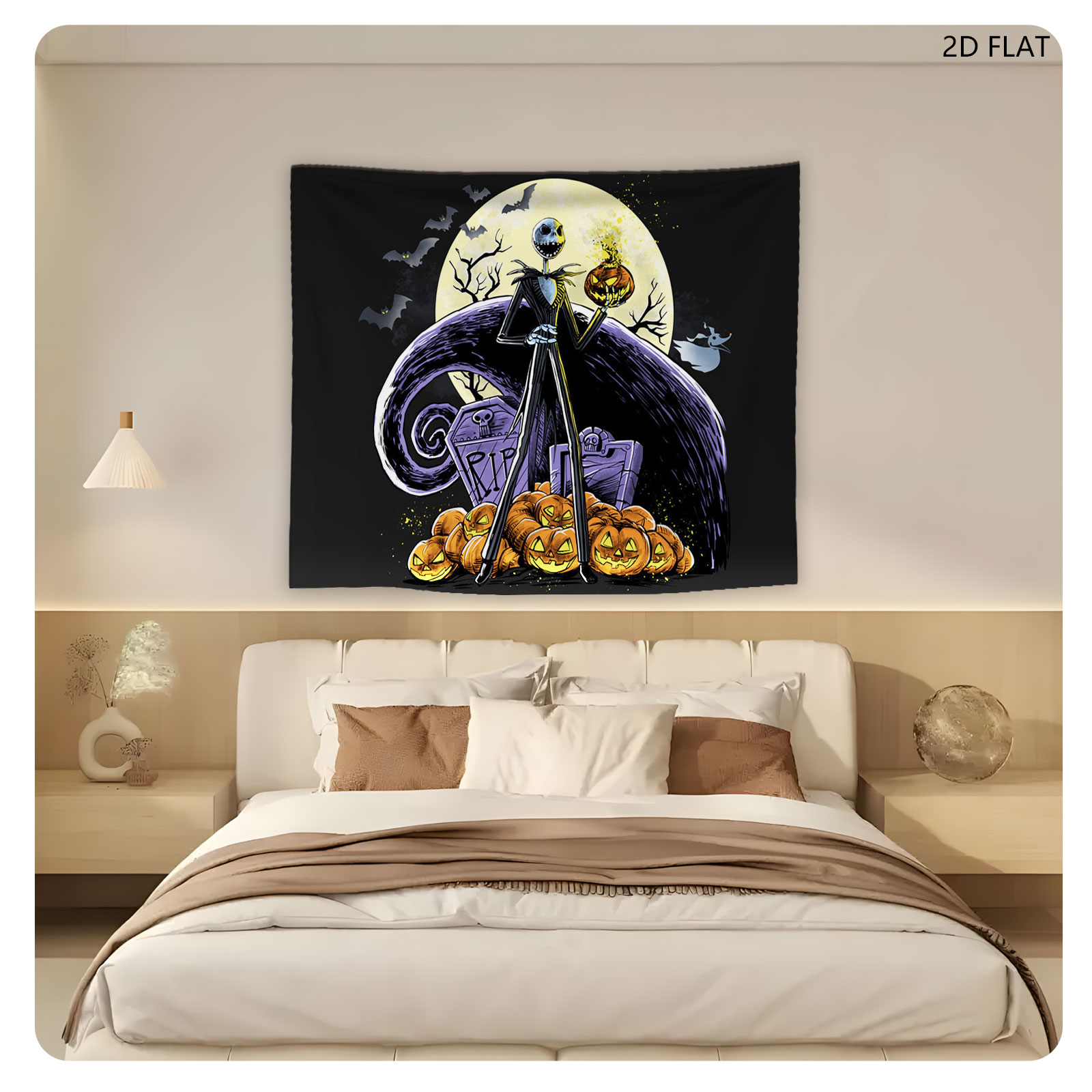 Jack Skellington from The Nightmare Before Christmas stands atop pumpkins with a full moon and bats in the background. - Tapestry