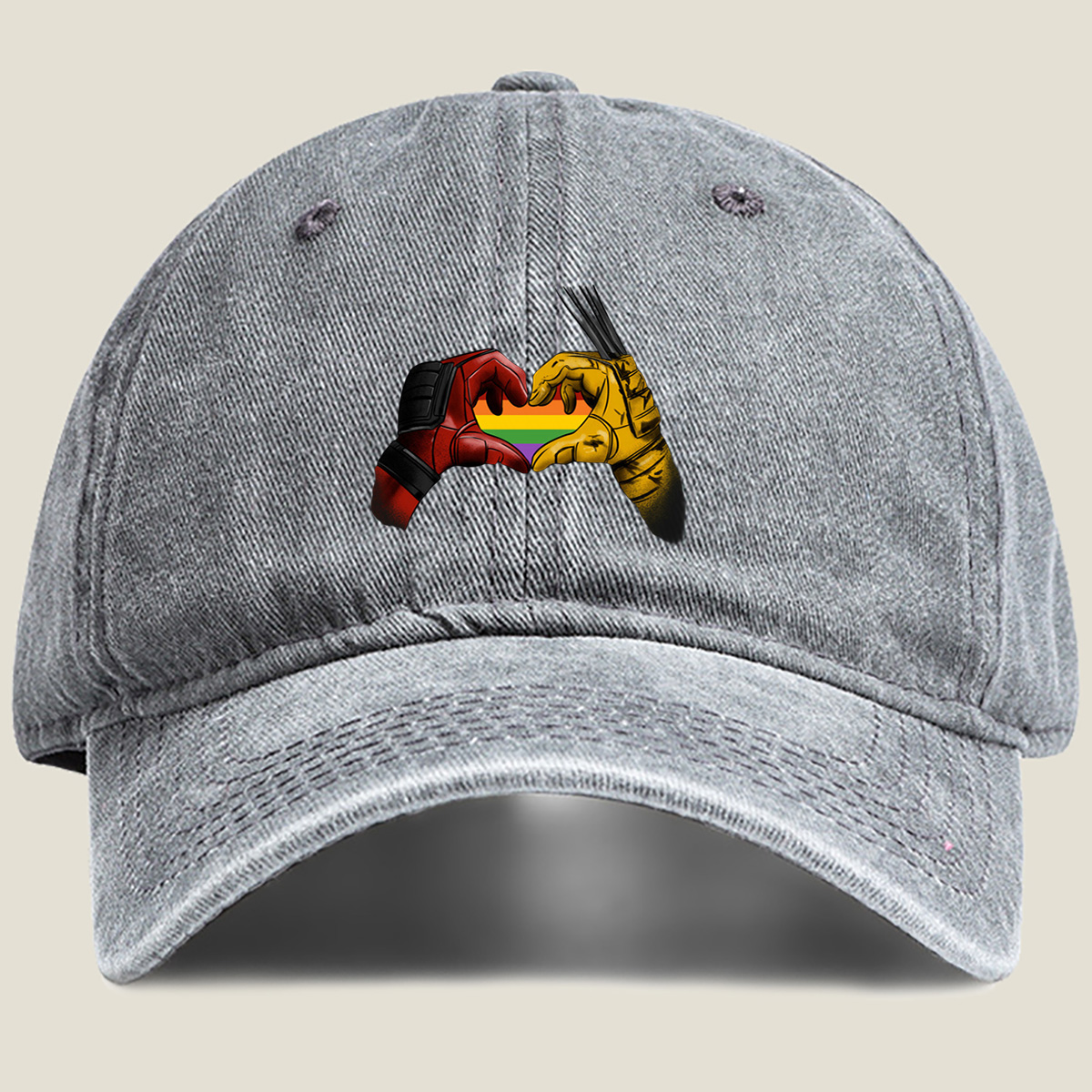 Deadpool and Wolverine Form a Rainbow Heart - Washed Denim - Baseball Cap