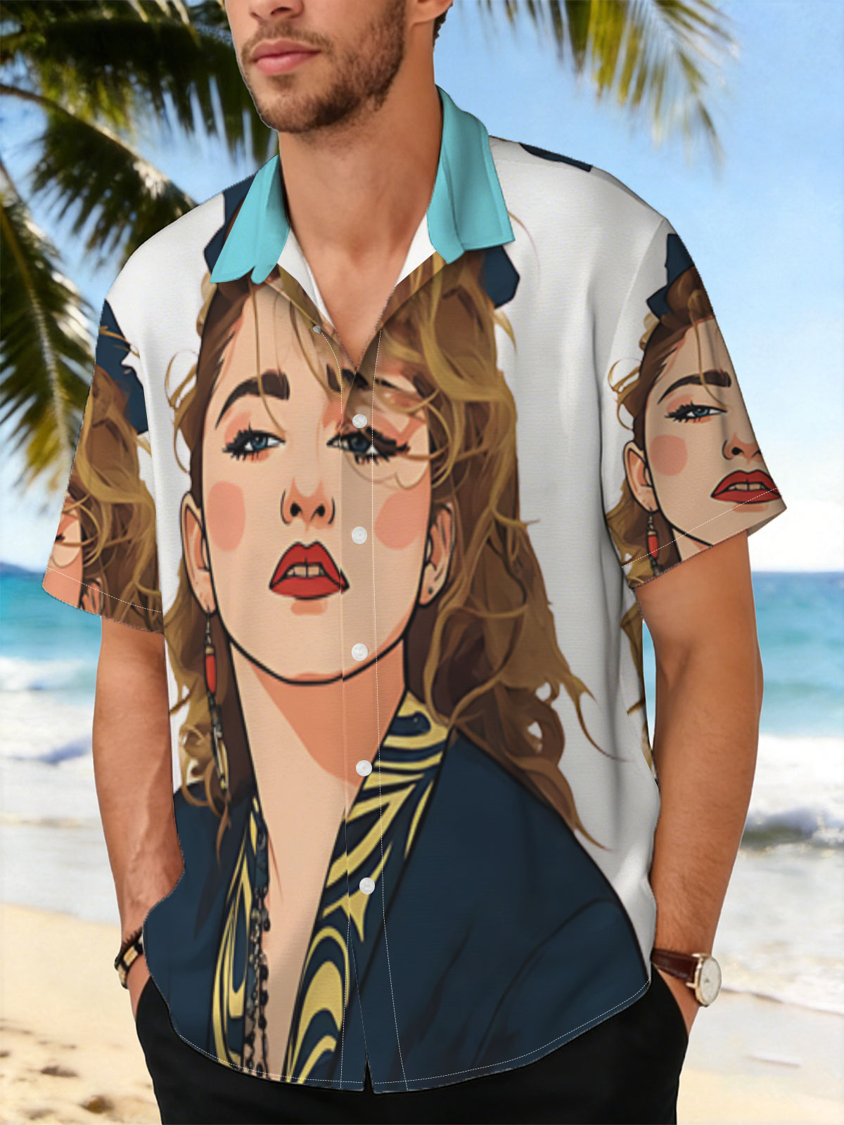 Portrait of a Woman with Blonde Hair and Blue Bow, Wearing a Navy Blue Top with Yellow Patterns -  Shirt