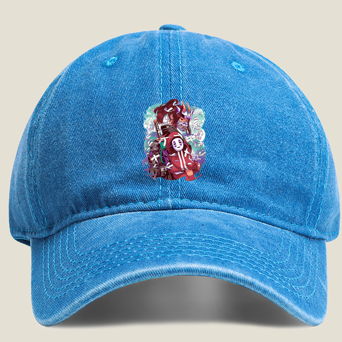 Samurai Warrior with Mask and Katana - Washed Denim - Baseball Cap