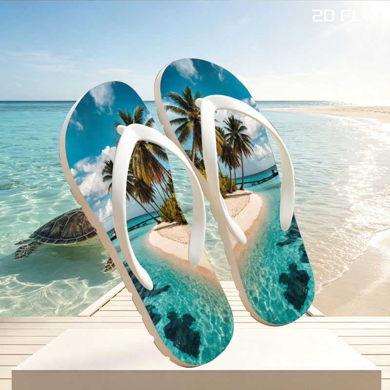 Tropical Beach with Palm Trees and Crystal Clear Water -  flip-flops