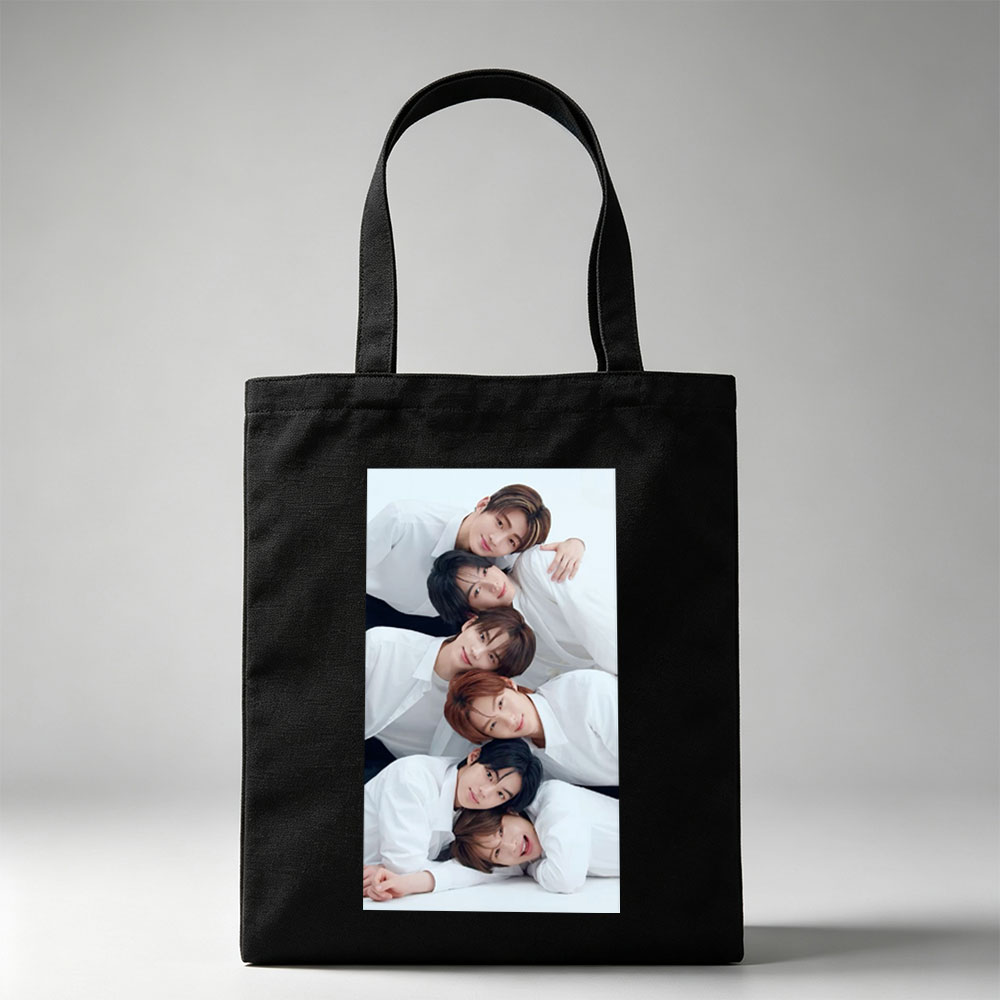 BOYNEXTDOOR Group Photo - Six Members in White Shirts Posing Closely Together on a White Background - Canvas tote bags