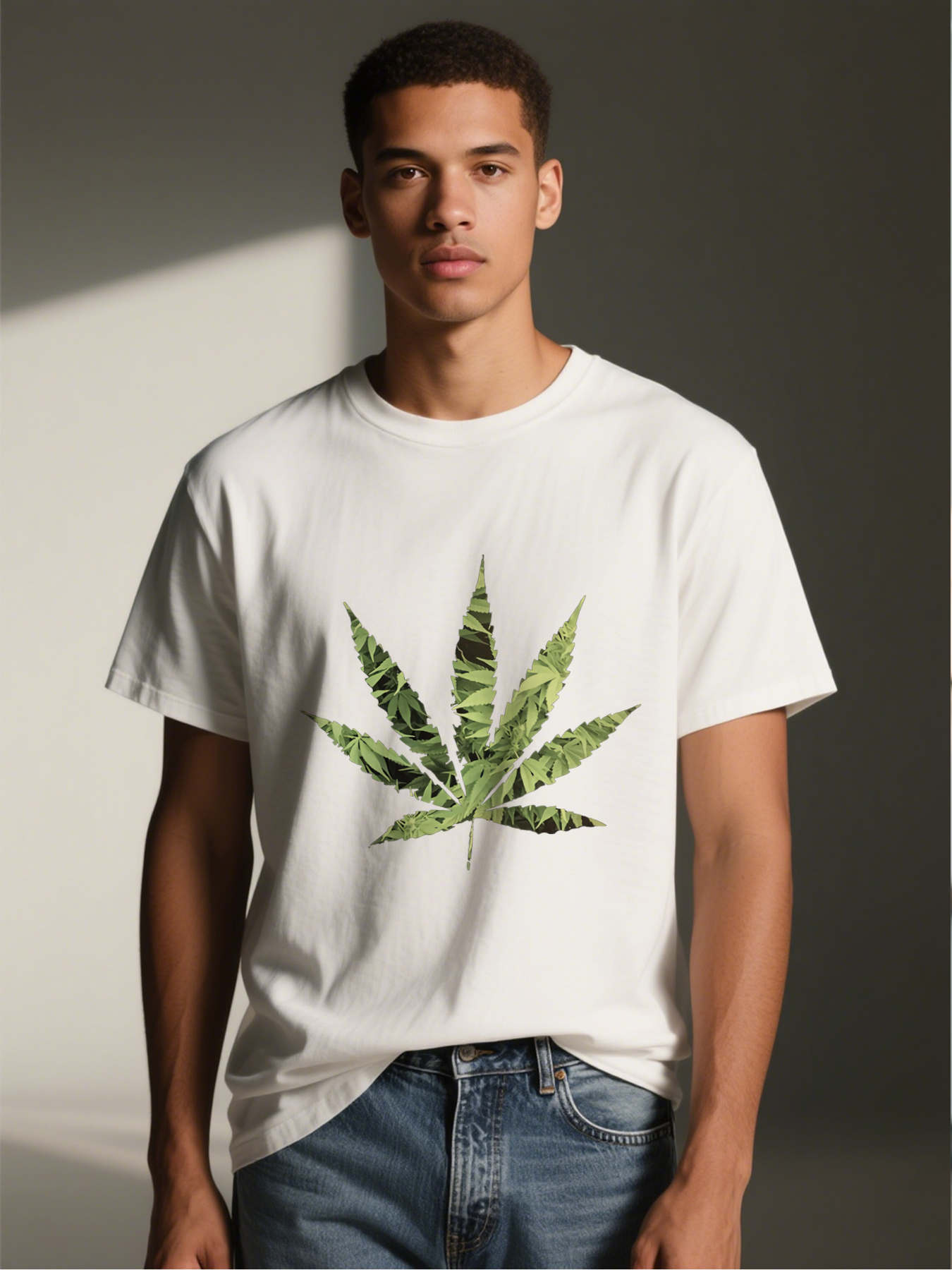 Men's Printed T-Shirt with Cannabis Leaf Pattern and Green Nature Design, Casual Round Neck Summer Lightweight Breathable Short Sleeve Tee for Outdoor Activities, Streetwear, and Daily Wear, Ideal for Young Adults and Trend-Lovers