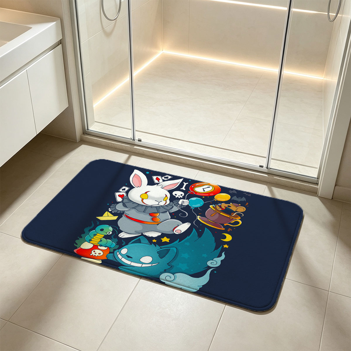 Alice in Wonderland Characters: White Rabbit, Cheshire Cat, Mad Hatter, and Caterpillar in Whimsical Scene - Flannel floor mat