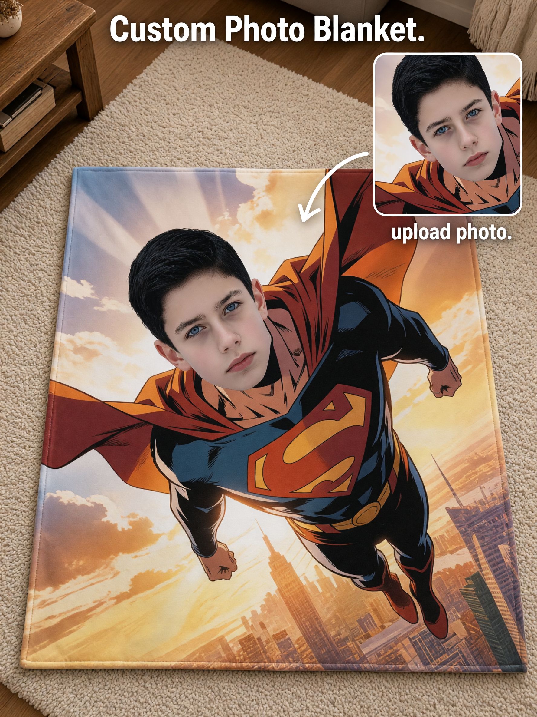 Custom Photo Face Blanket Personalized Superhero Flannel Throw Anti-Pilling Ultra-Soft Warm Fleece Cozy Bed Couch Gift