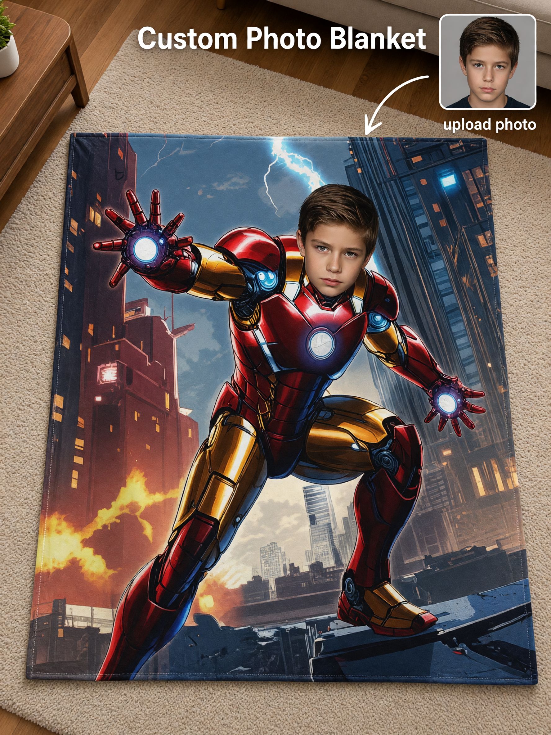 Personalized Superhero Photo Blanket Custom Face Flannel Fleece Throw Soft Warm Bedding Gift for Kids and Teens