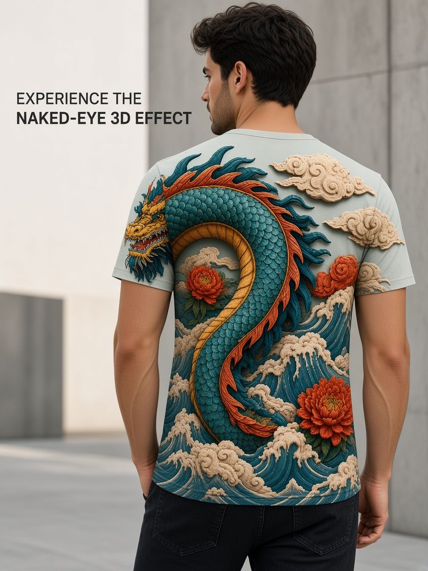Oriental Dragon 3D Optical Illusion Graphic Tee Breathable Athletic Mesh T-Shirt for Casual and Sports Wear