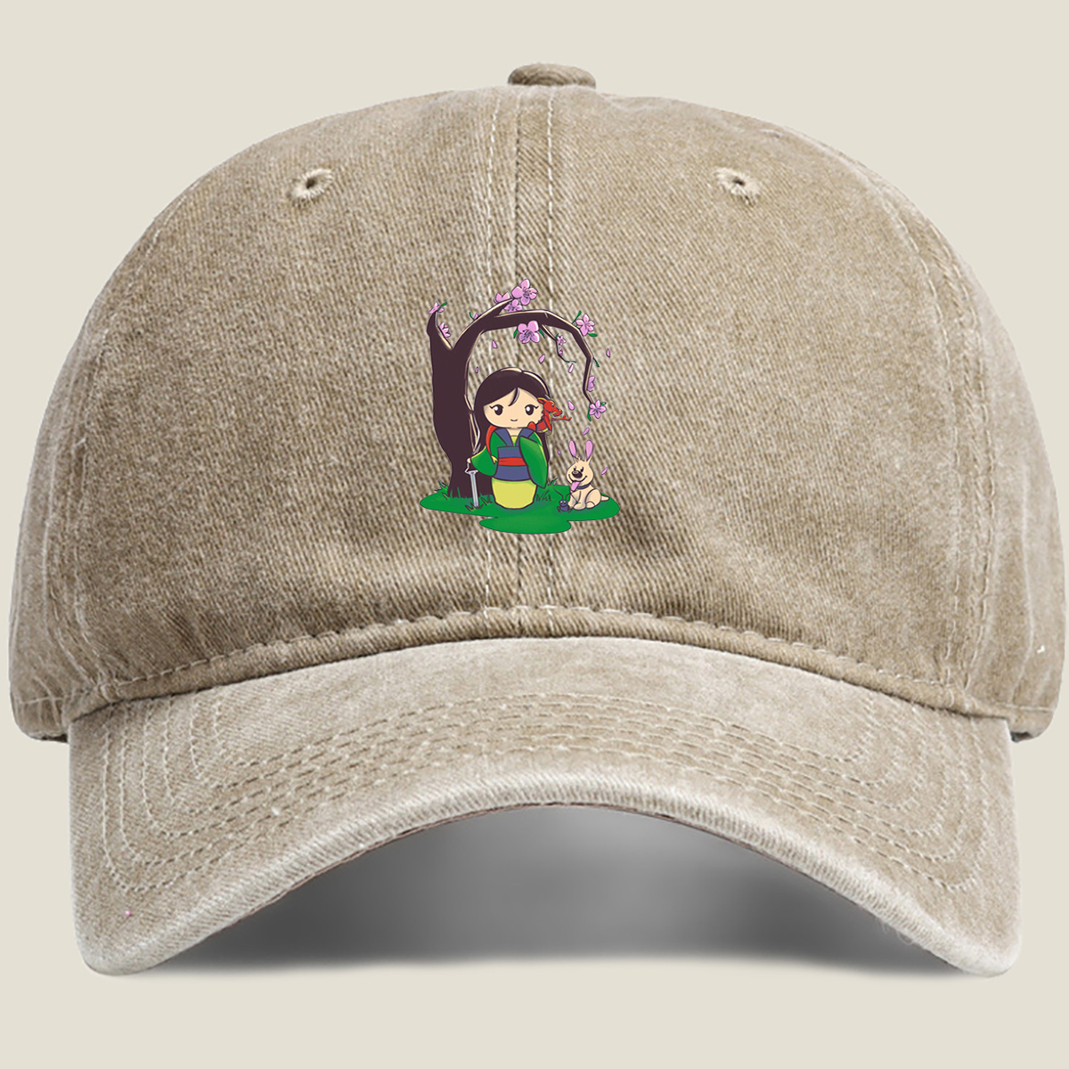 Mulan with Mushu and Cri-Kee Under Cherry Blossom Tree - Washed Denim - Baseball Cap