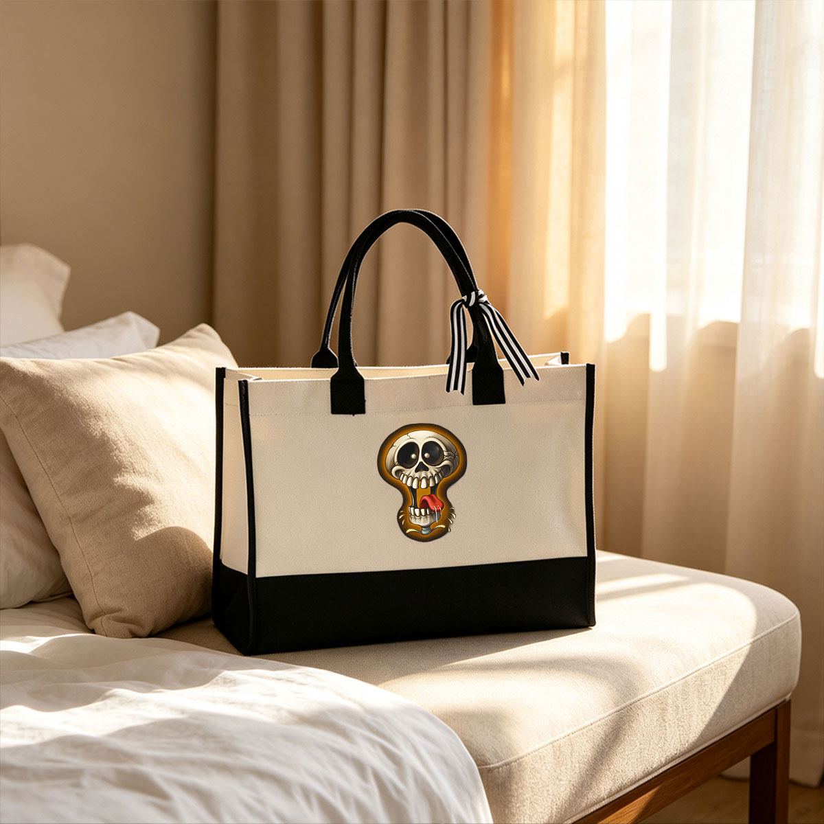 Cartoon Skull with Tongue and Drool - Canvas patchwork gift tote bag