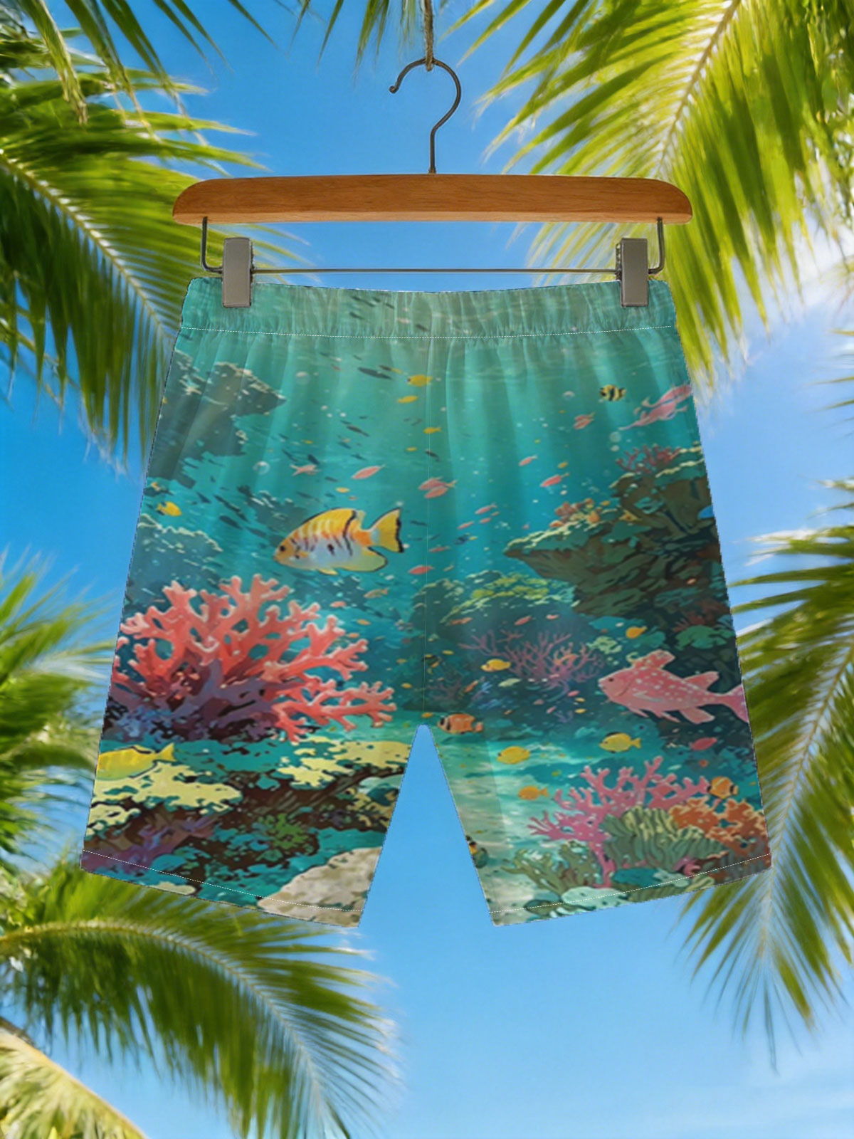 Vibrant Coral Reef with Colorful Fish and Sunlight Rays -  Beach shorts
