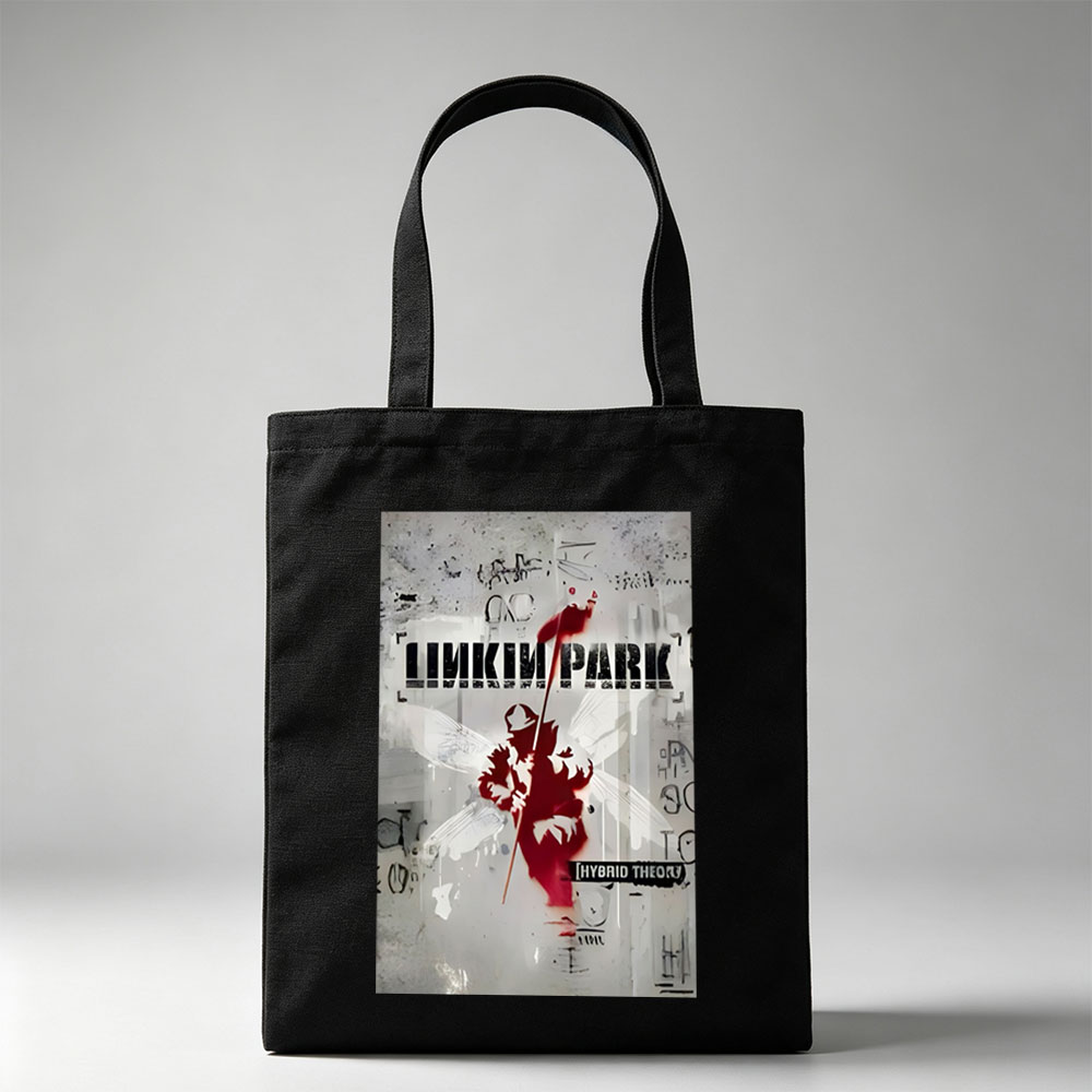 Linkin Park Album Cover Featuring a Red Silhouette of an Angel with Wings and a Spear Against a Graffiti-Style Background - Canvas tote bags