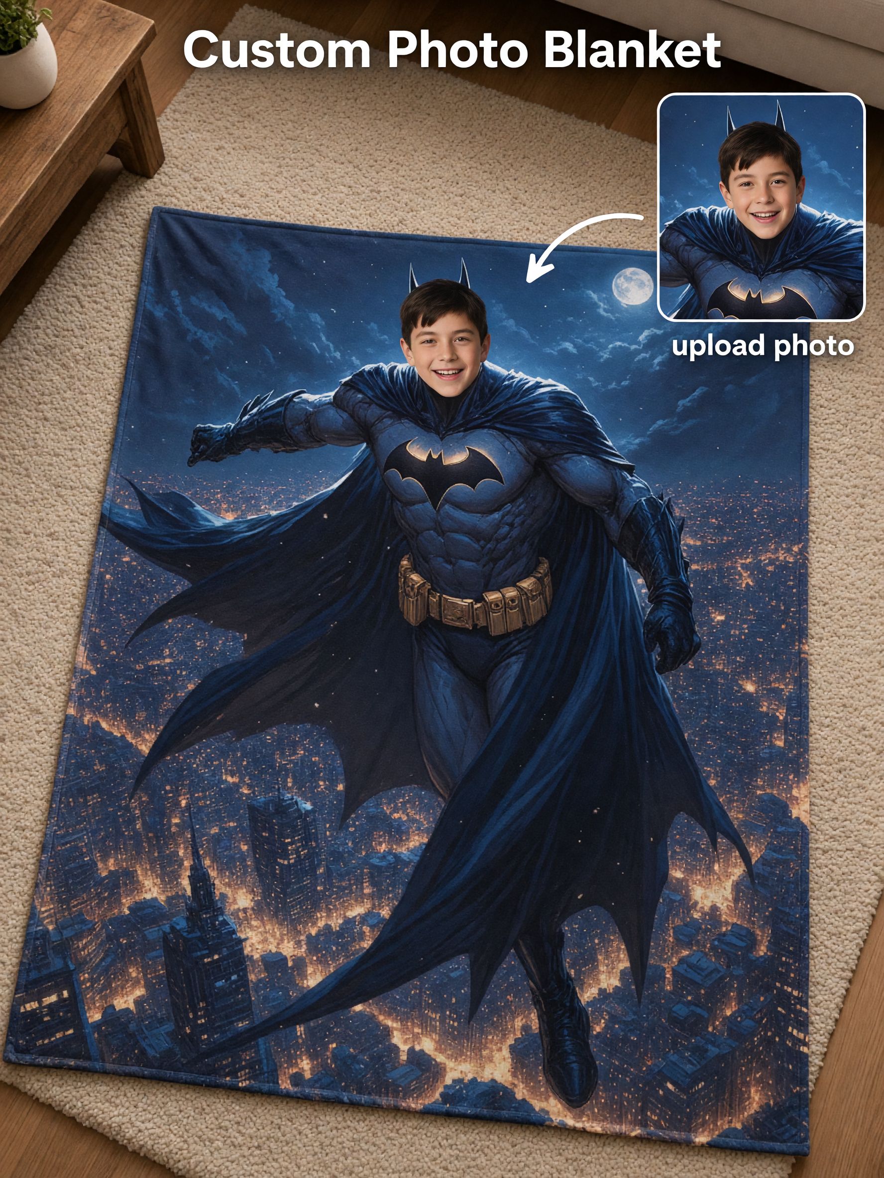 Custom Superhero Face Photo Blanket, Personalized Ultra-Soft Flannel Fleece Throw, Ideal Cozy Gift for Bed and Couch