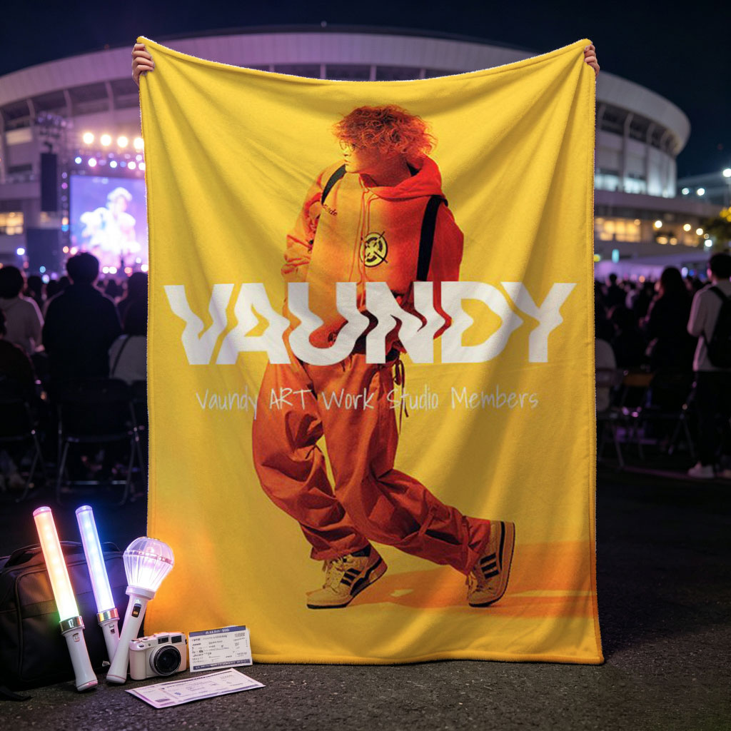 Vaundy in a Vibrant Yellow Studio Setting Wearing Orange Tracksuit and Sneakers - Blankets
