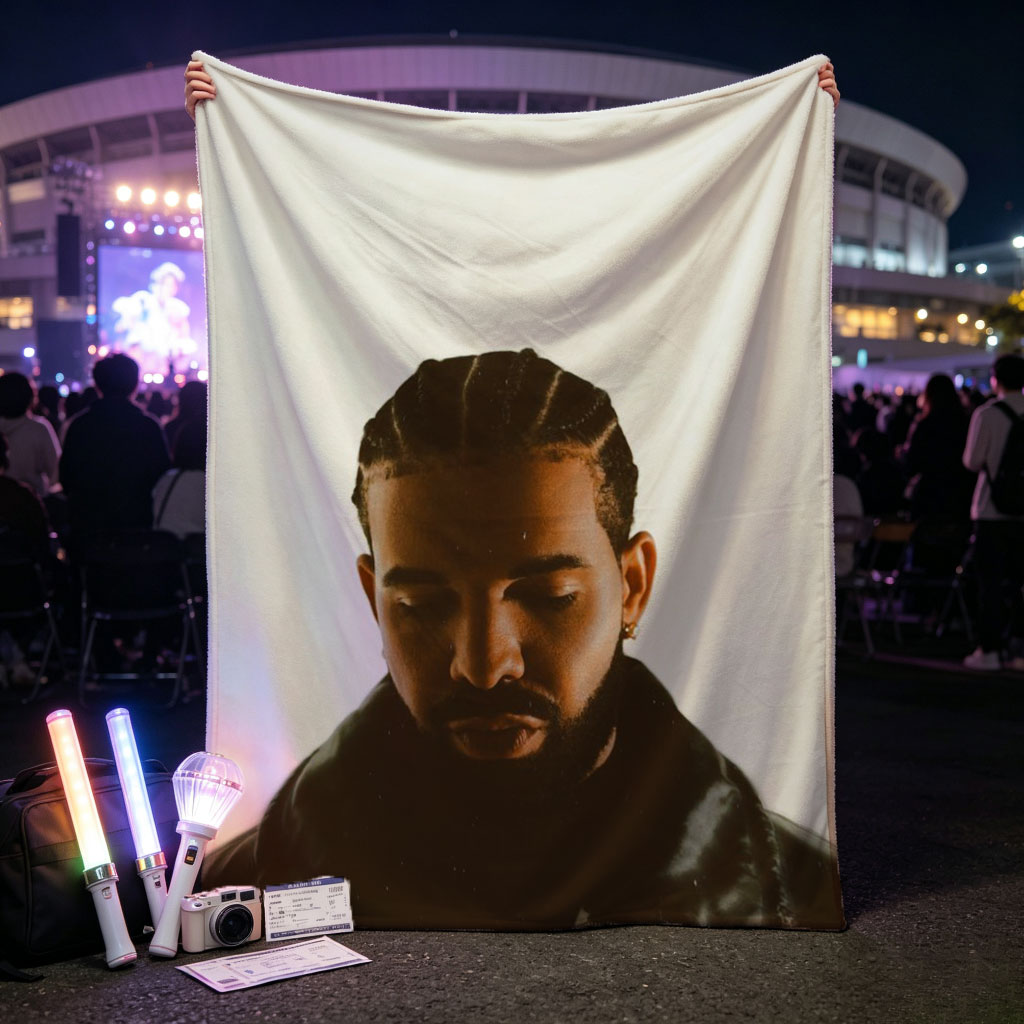 Drake in a Moody Portrait Wearing a Black Leather Jacket with Braided Hair and a Contemplative Expression - Blankets
