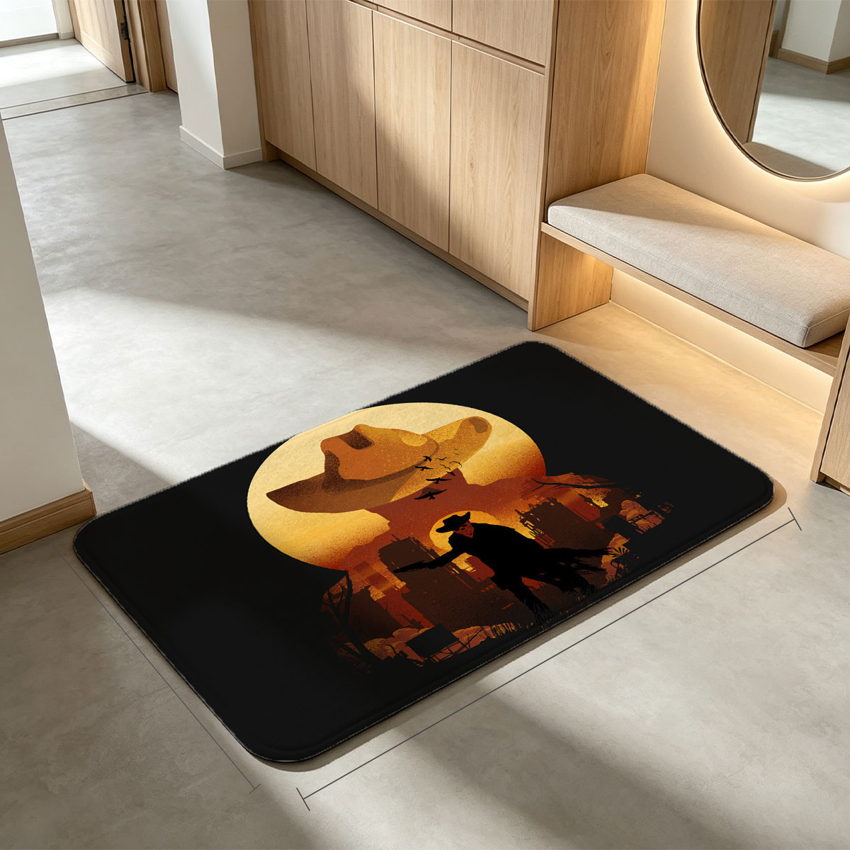 The Cowboy Silhouette Against a Moonlit Cityscape - Flannel floor mat
