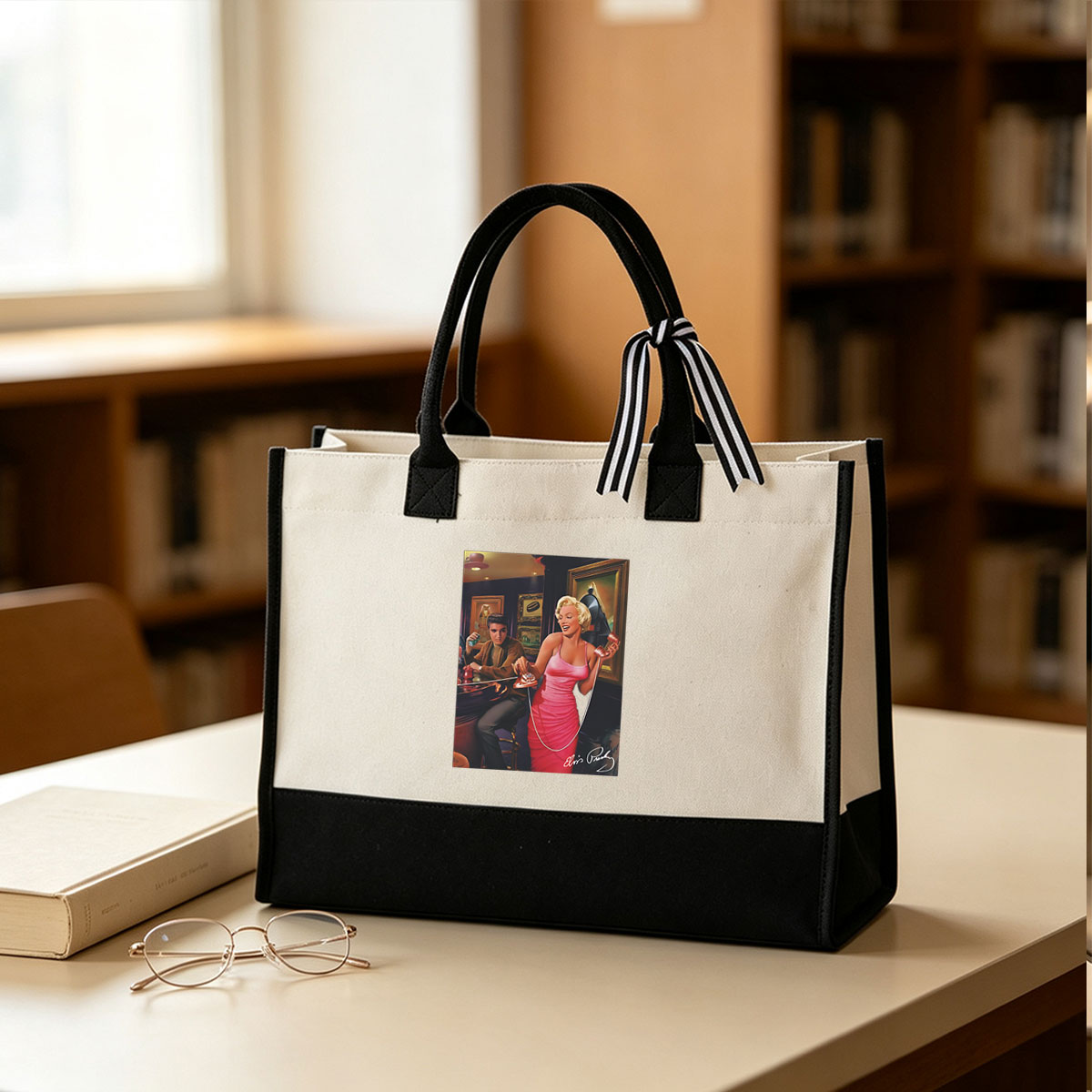 Marilyn Monroe and Elvis Presley in a Retro Bar Scene with Vintage Phone - Canvas patchwork gift tote bag