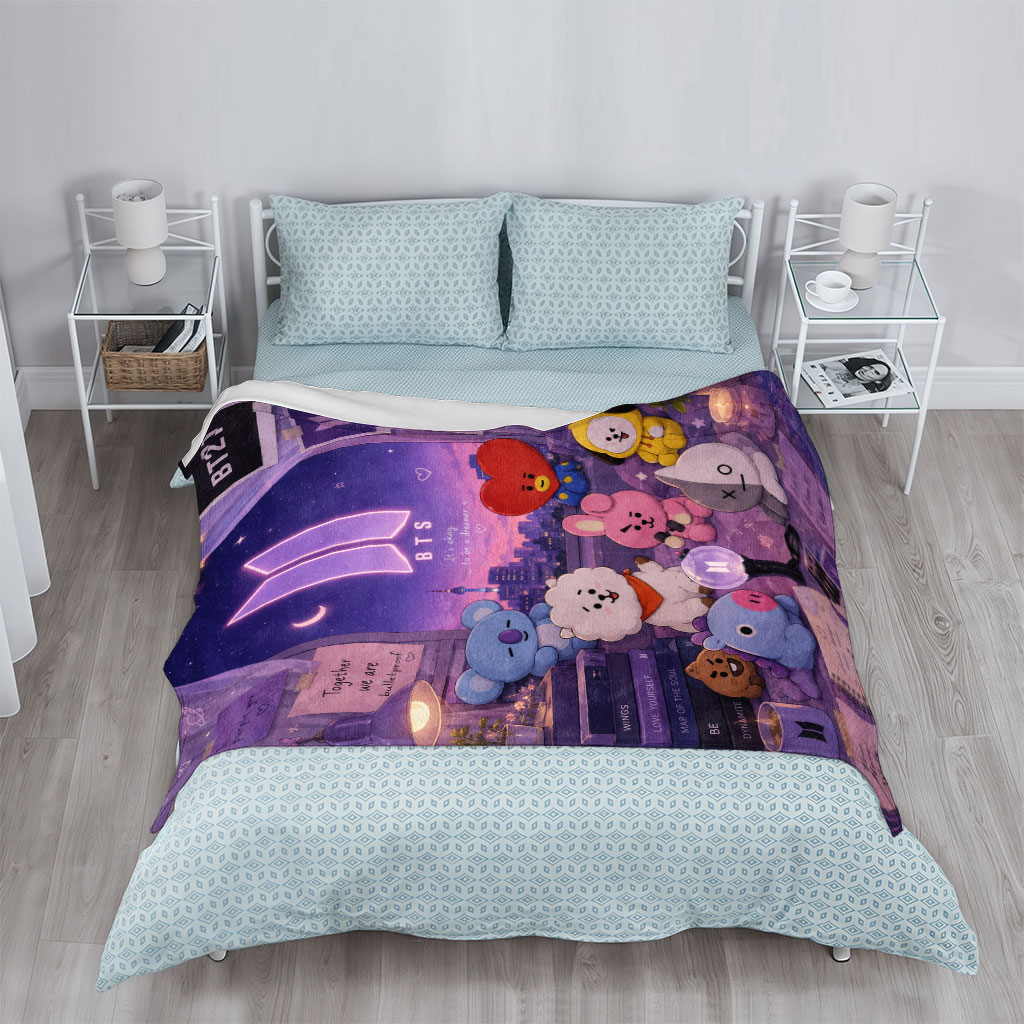 BTS BT21 Characters in a Cozy Room with City View and Dreamy Night Sky Decor - Blankets