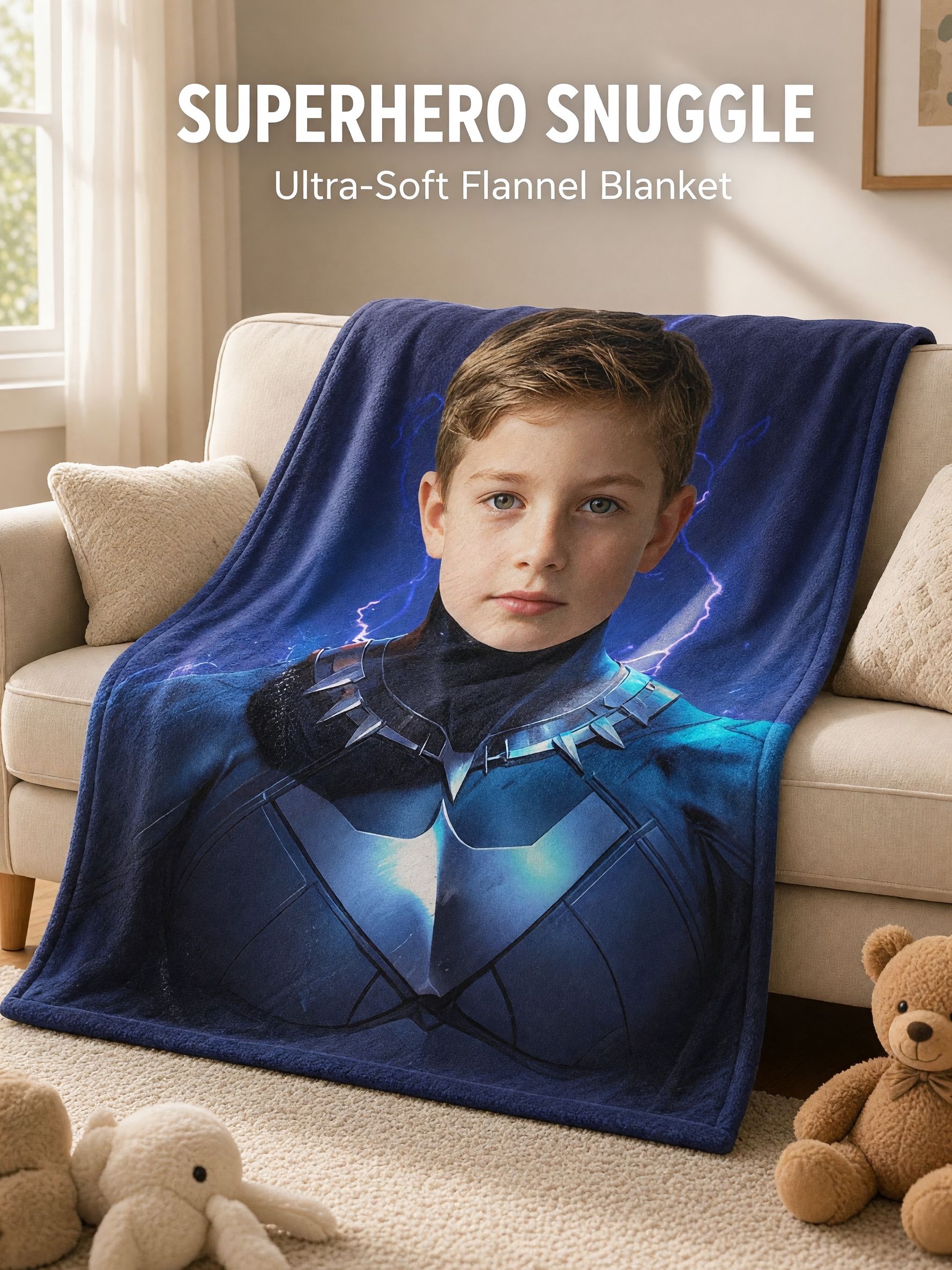 Custom Superhero Photo Flannel Fleece Blanket, Personalized Face Print Soft Warm Throw Blanket for Kids and Family Gift