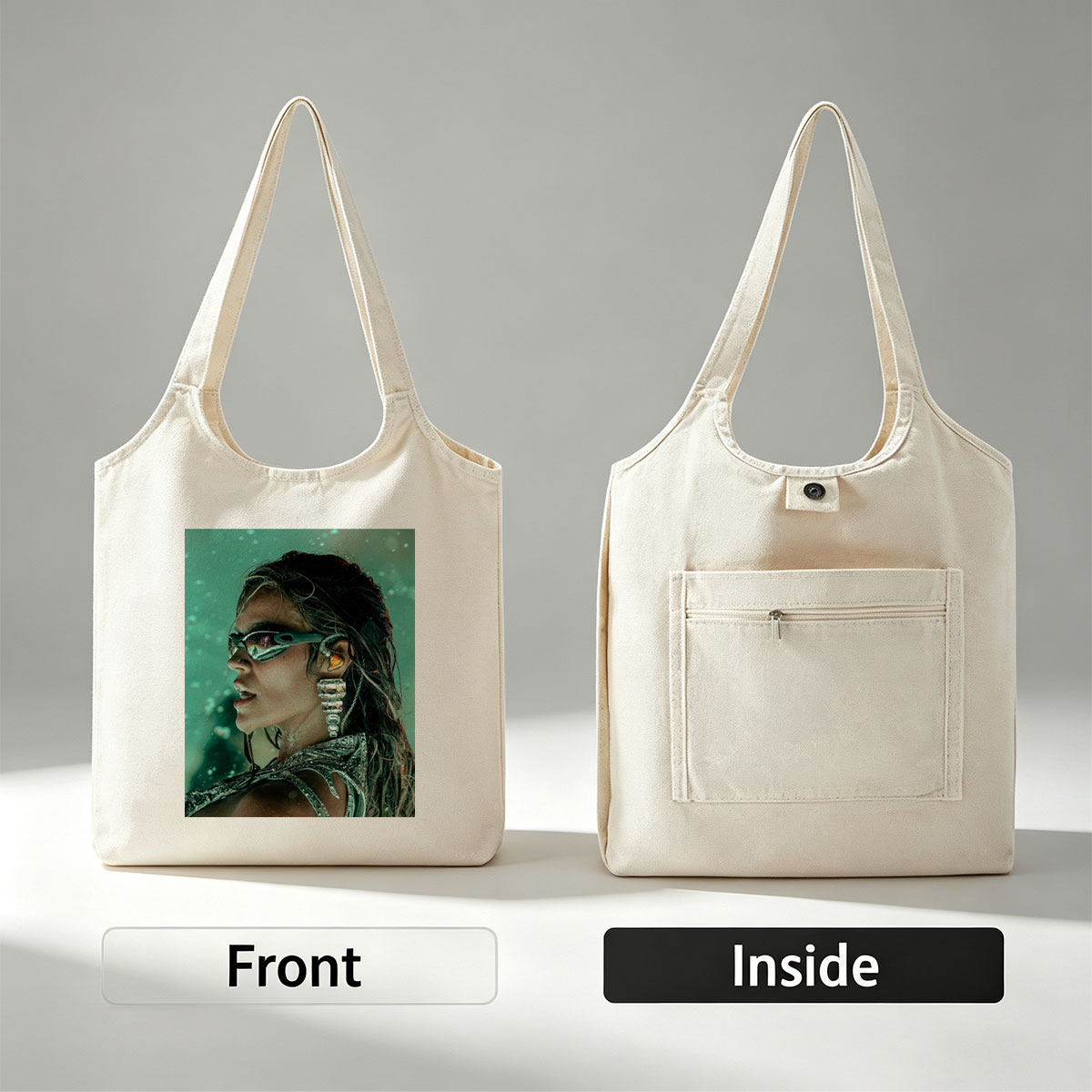 Beyonce in Futuristic Fashion – Stunning Portrait with Reflective Goggles and Crystal Earrings - Canvas shoulder bags/