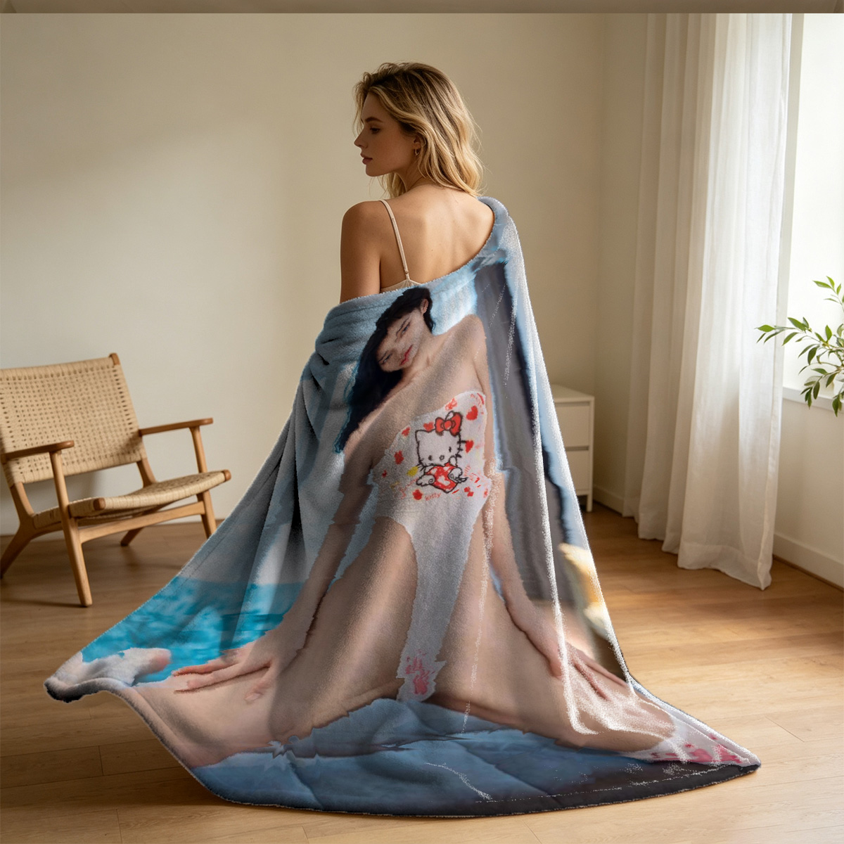 Nude redhead on wooden throne. - Blanket