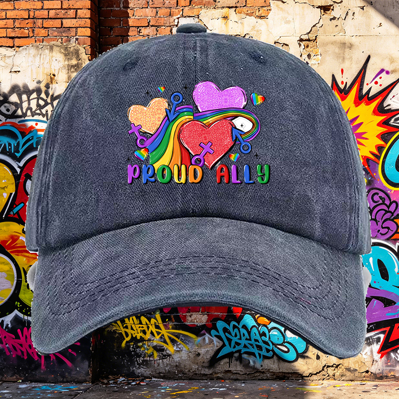 Men's Printed Washed Cap with Rainbow Hearts and 