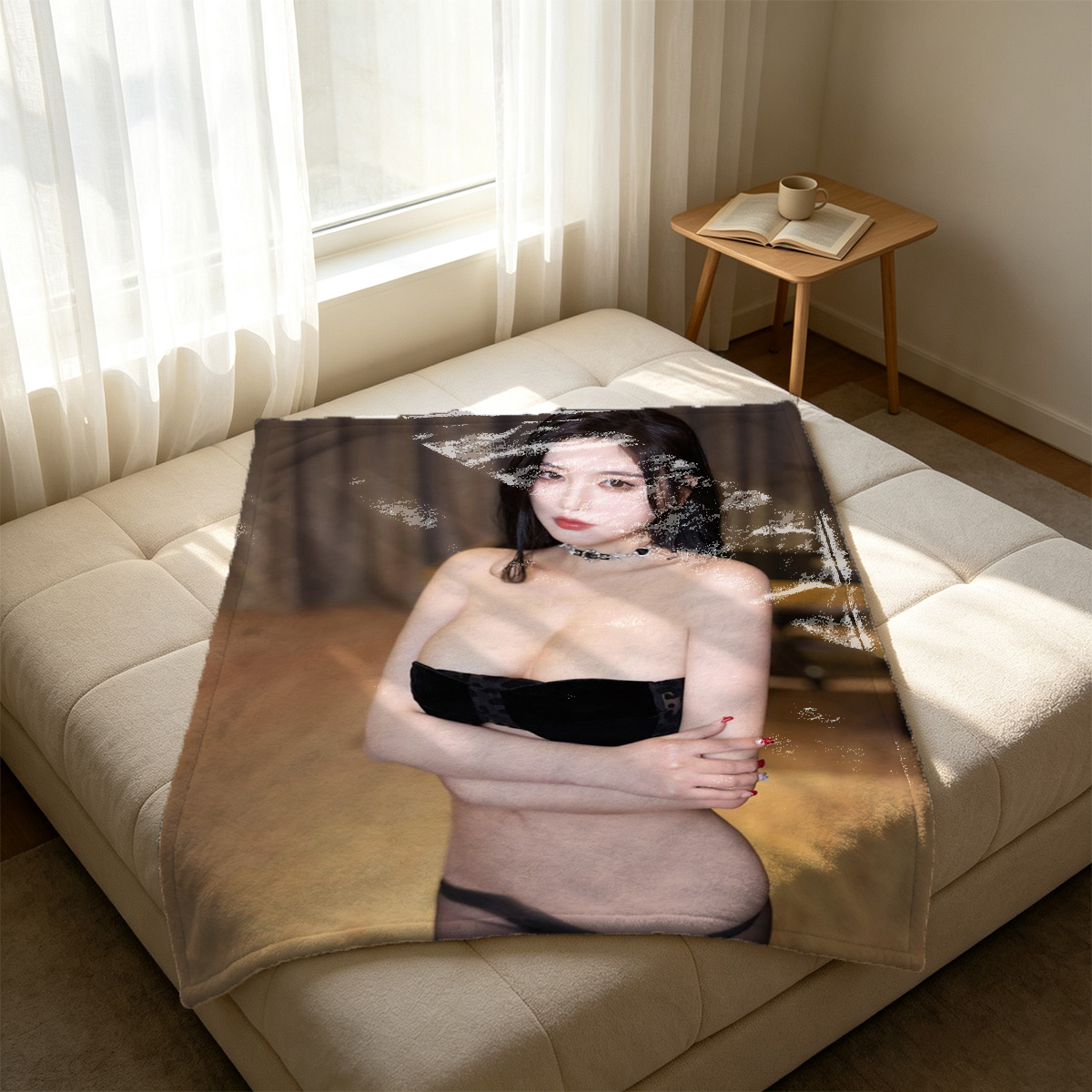 Maid with Exposed Breasts and Stockings Holding Pose - Blanket