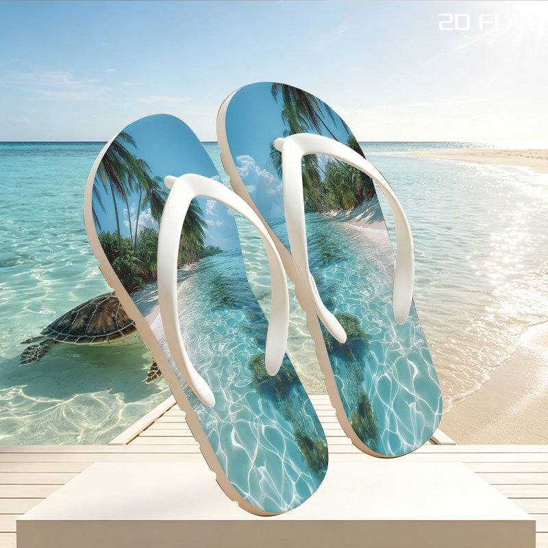 Tropical Beach with Crystal Clear Water and Palm Trees -  flip-flops
