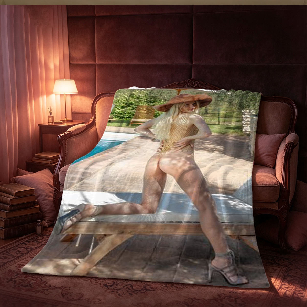 Emma Watson nude on red leather couch - Blanket