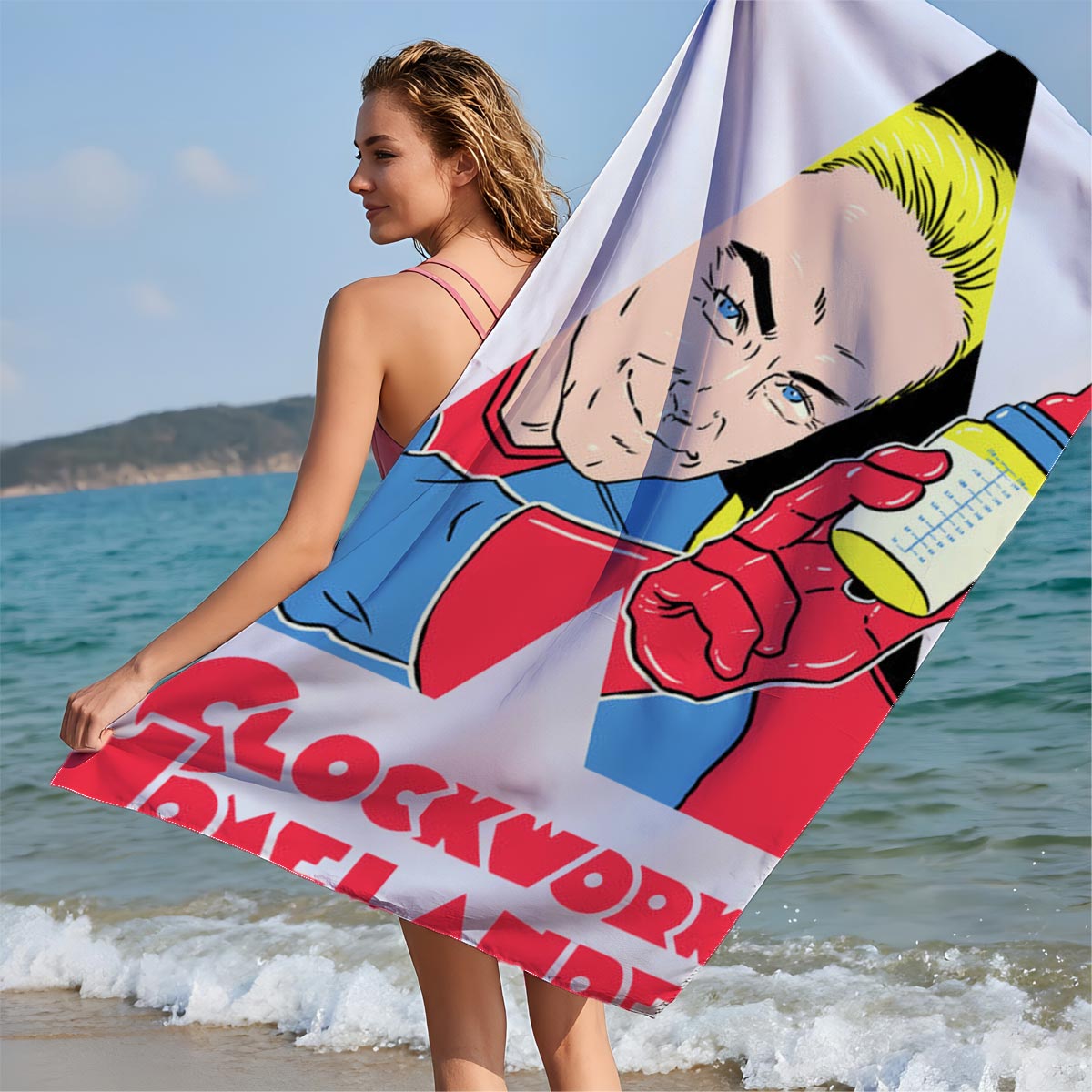 Clockwork Homelander: A Superhero with a Bottle - Beach towels