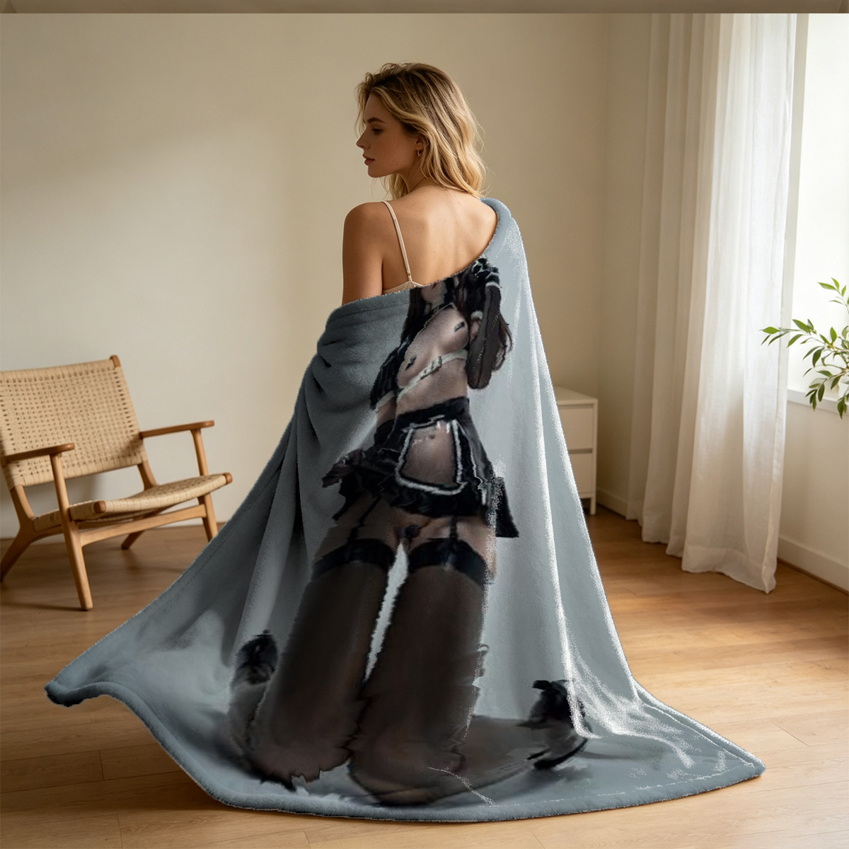 Dominatrix in Black Dress Gets Her Shoes Licked by Submissive in White Top and Pantyhose - Blanket