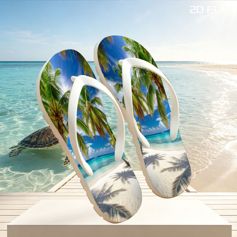 Tropical Beach with Palm Trees and Crystal Clear Water -  flip-flops