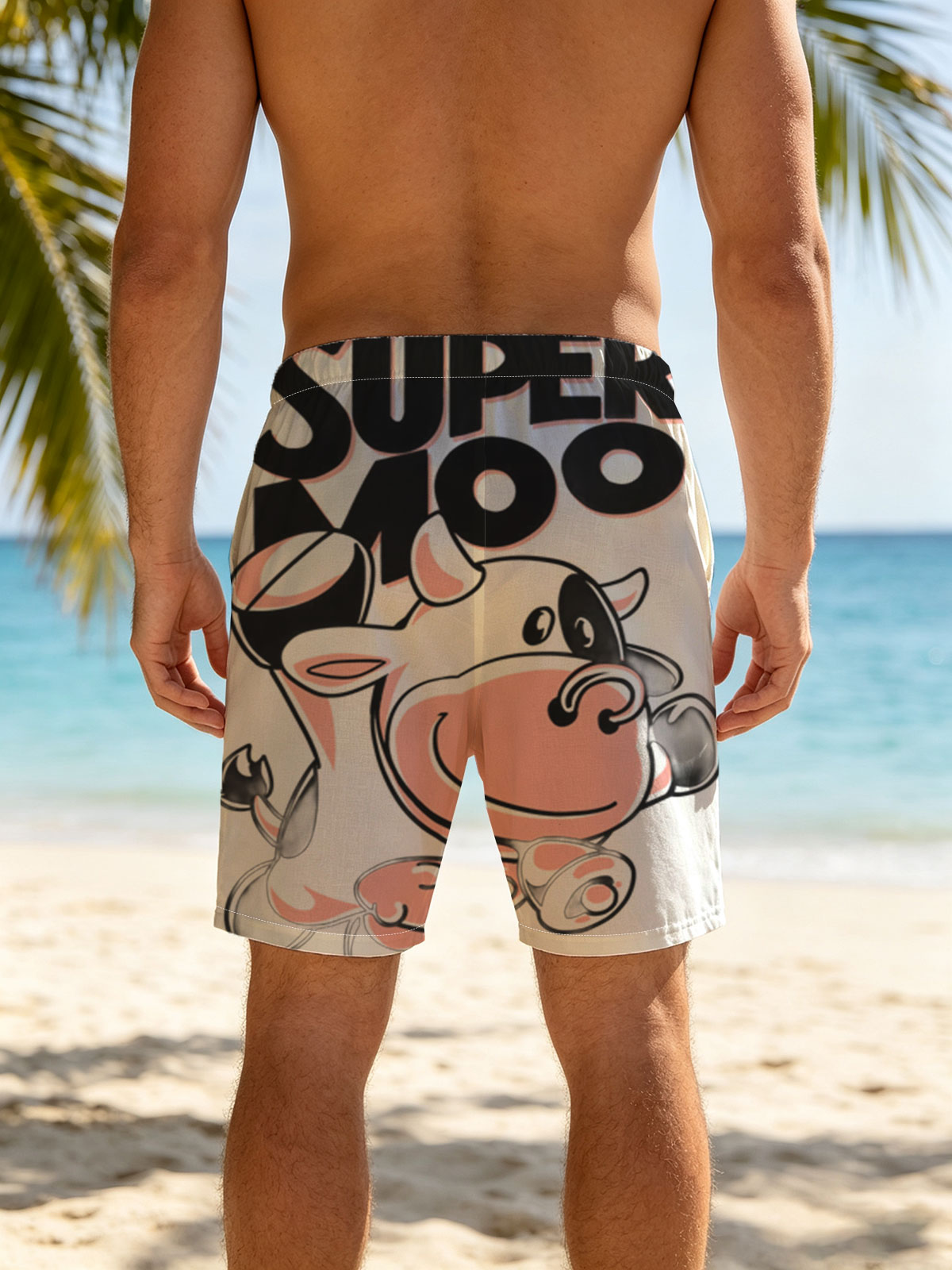 Super Moo: Cartoon Cow Character Design -  Beach shorts