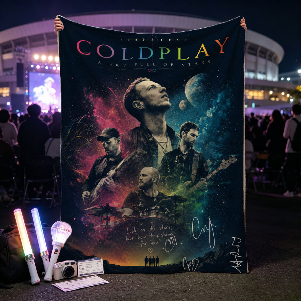 Coldplay Band in Cosmic Scene with Stars and Planets Background Poster - Blankets