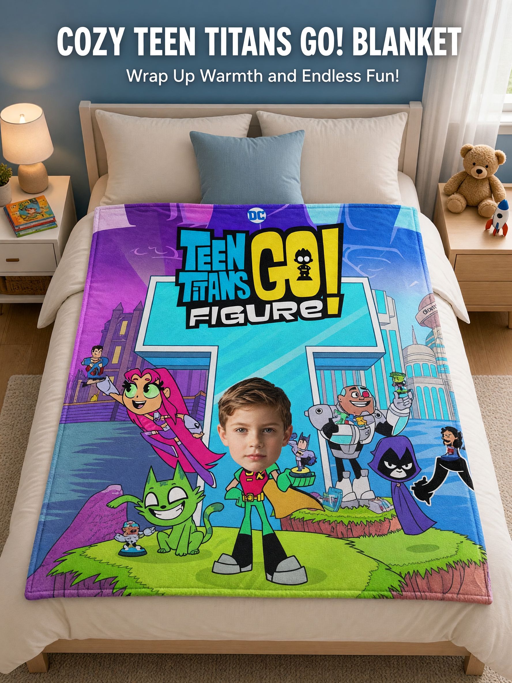 Custom Photo Face Blanket Personalized Superhero Cartoon Flannel Throw Ultra Soft Cozy Fleece Gift for Kids and Teens