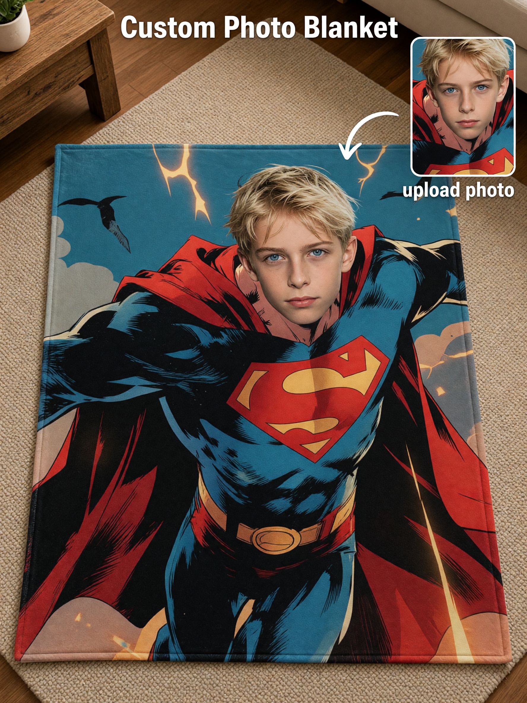 Custom Photo Face Superhero Blanket Personalized Comic Art Flannel Throw Ultra Soft Warm Fleece Bedding Couch Cover