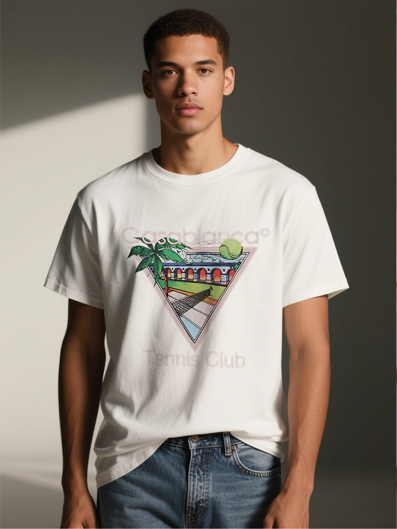 Men's Casablanca Tennis Club Print T-Shirt with Palm Tree and Court Design, Casual Round Neck Lightweight Breathable Summer Short Sleeve Tee for Tennis Enthusiasts and Outdoor Sports Lovers