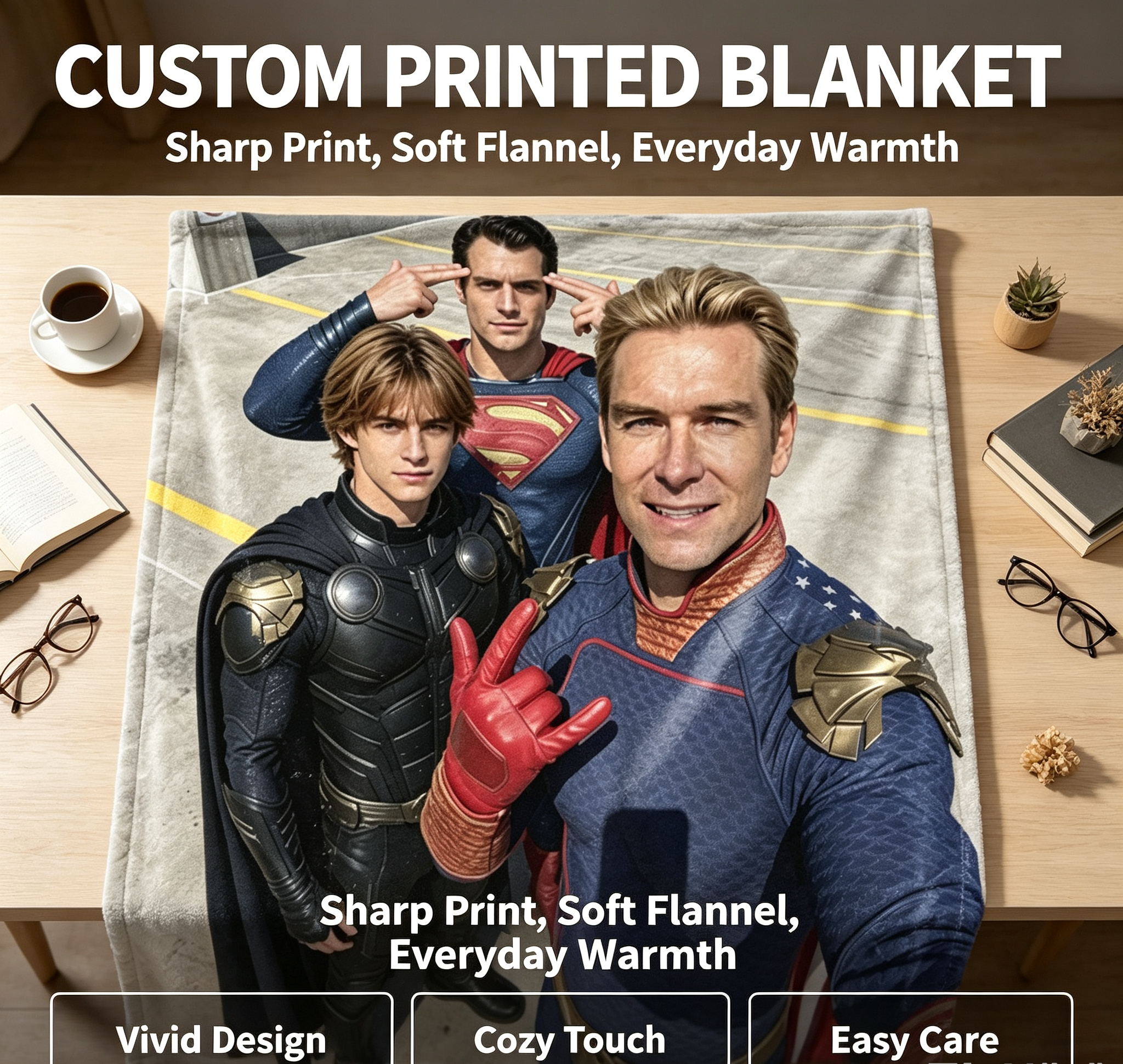 Custom Face Blanket Superman and Superheroes Flannel Blanket Cozy Living Room Bedding Gift for Fans and Collectors