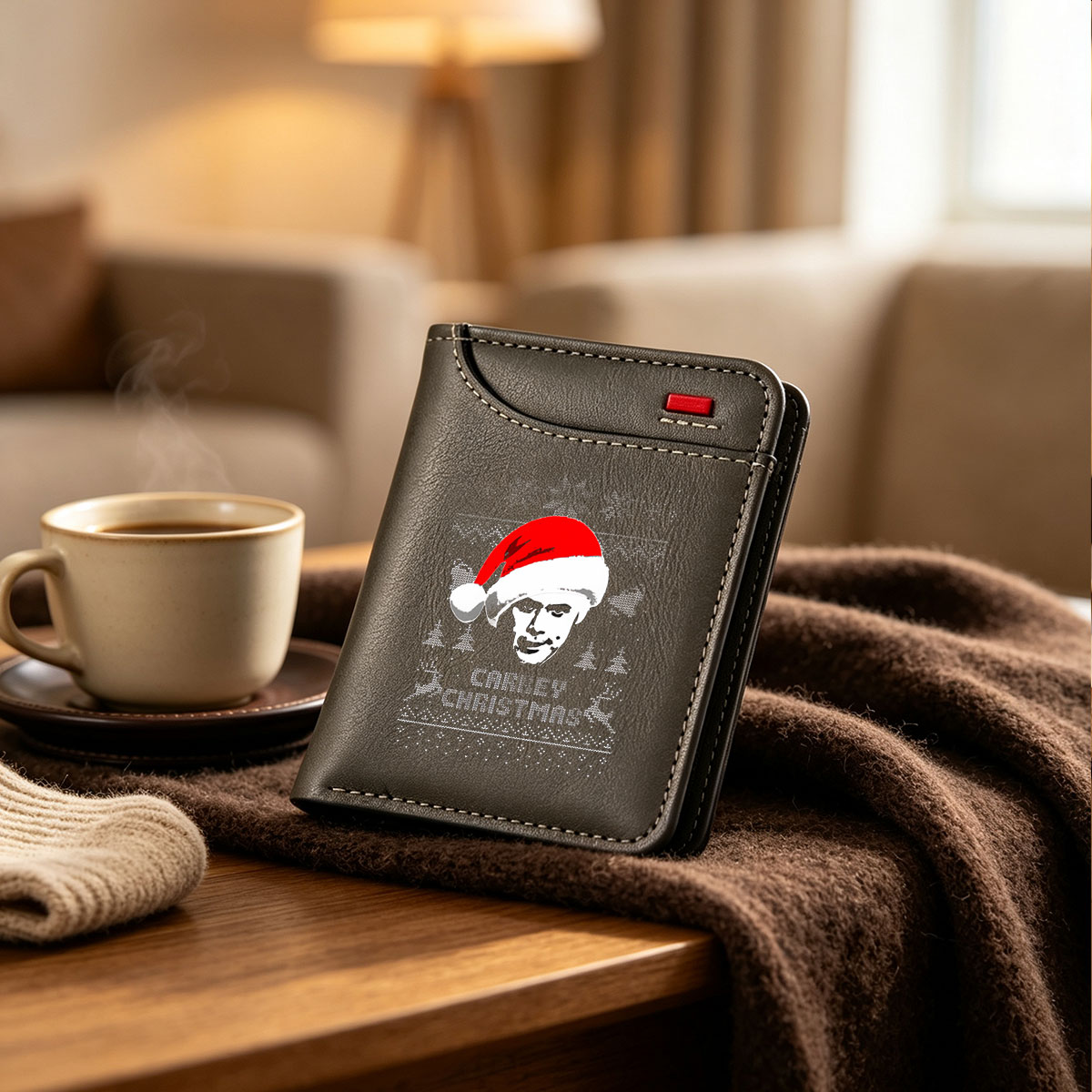 Carrey Christmas: Jim Carrey in Santa Hat on Knit Pattern Background - Vertical Style Wallet