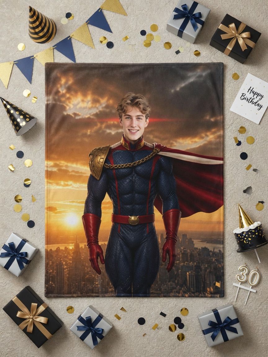 Custom Face Superhero Blanket Personalized Photo Flannel Throw Soft Warm Fleece Bed Couch Blanket Unique Gift for Him