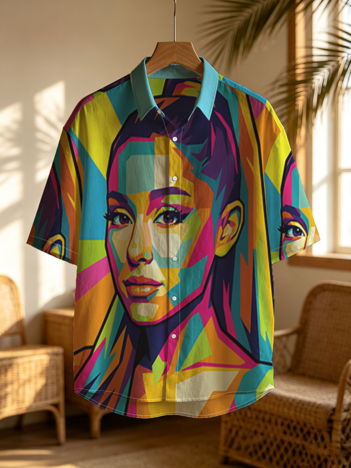 Colorful Pop Art Portrait of a Woman with Vibrant Geometric Patterns -  Shirt
