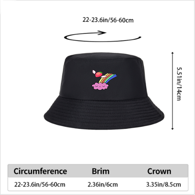 Unisex Classic Bucket Hat with Strawberry Wings and Rainbow Cloud Print - Stylish Sun Protection for Outdoor Activities, Perfect for Youth and Adults Seeking Fun Fashion Statement